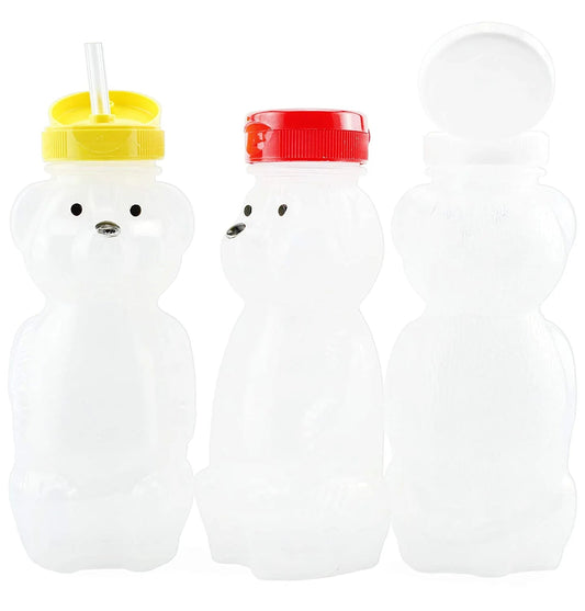 Honey Bear Straw Cups (3-Pack, Colored Lids), 8-Ounce Therapy Sippy Bottles W/Flexible Straws and Colored Lids