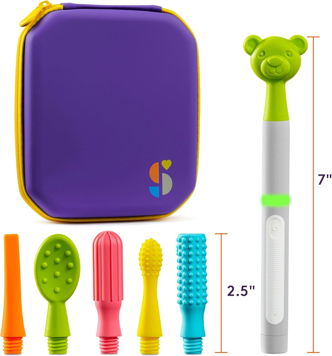 Buzz Buddy Oral Motor Stimulation Kit with 6 Soft Textured Interchangeable Heads, Calm Sensory Needs, Support Speech, and Stimulate Self Feeding, Gentle Vibrations (Grey)