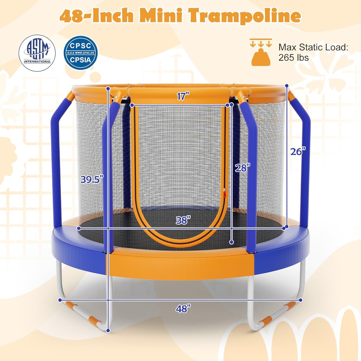48" Trampoline for Kids, Toddler Trampoline with Safety Enclosure Net, Max Load 265 Lbs, Outdoor Mini Trampoline with Net for Kids, Indoor Small Trampoline Gifts for Boys Girls Aged 3-6