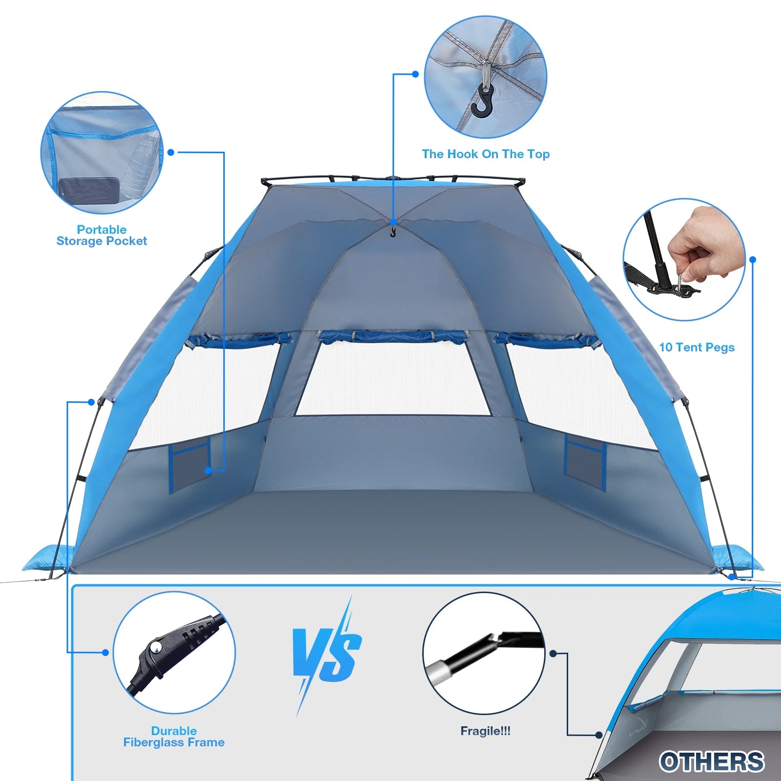 Beach Tent for 4-6 Person, UPF 50+ UV Protection Pop up Beach Tent Sun Shelter, Lightweight Waterproof Sunshade