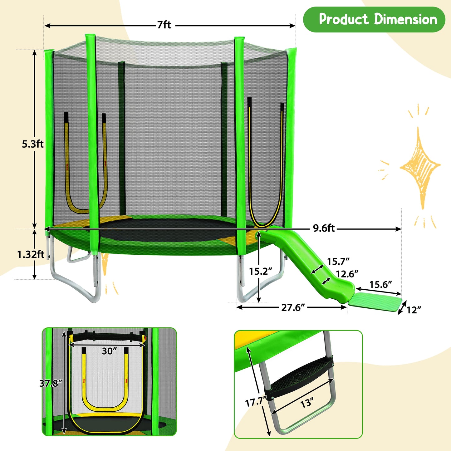 7FT Kids Trampoline with Safety Enclosure Net, Indoor Outdoor Trampoline with Slide,Ladder,Spring Pad,All-Weather Trampolines