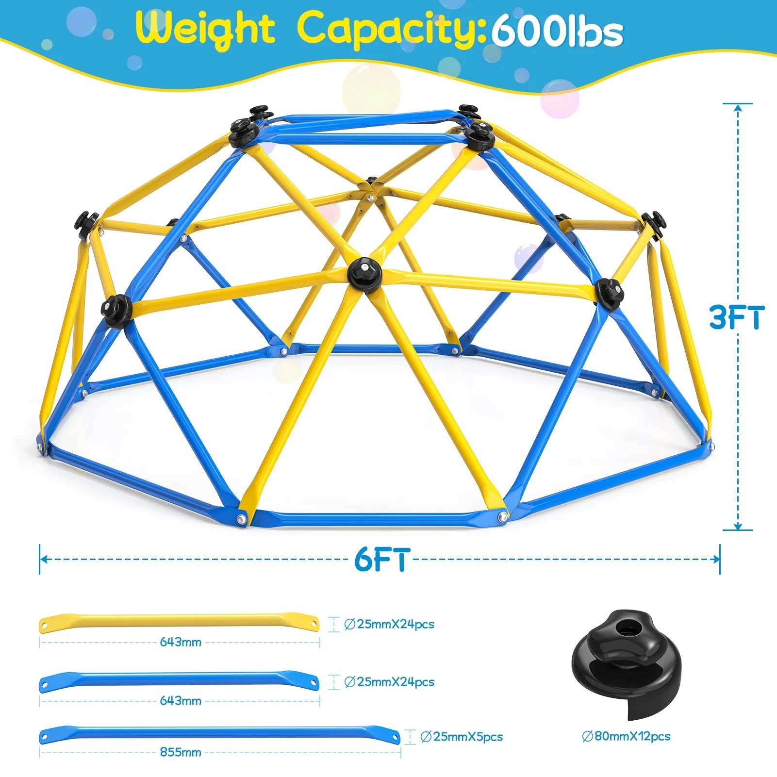 6FT Dome Climber, Jungle Gym for Kids 3-5 Year Outdoor Play Center, Supporting 600 Lbs Rugged and Interesting Climbing Dome, Yellow and Blue