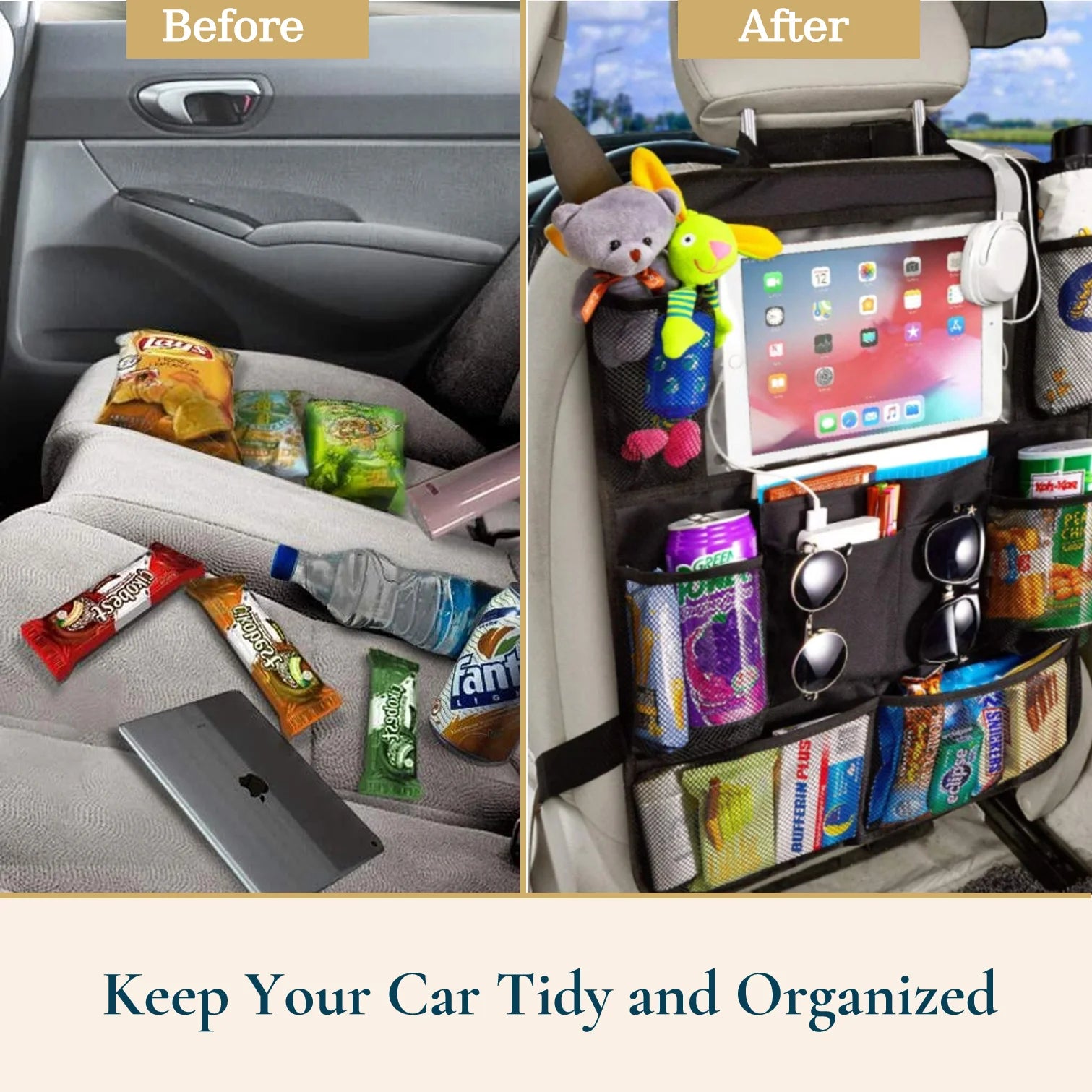 Car Seat Organizer,Waterproof Car Backseat Organizer W/ 10” Tablet Holder Cup Holder for Kids,10 Pockets Backseat Organizer Protector Kick Mats,Car Accessories for Men / Women