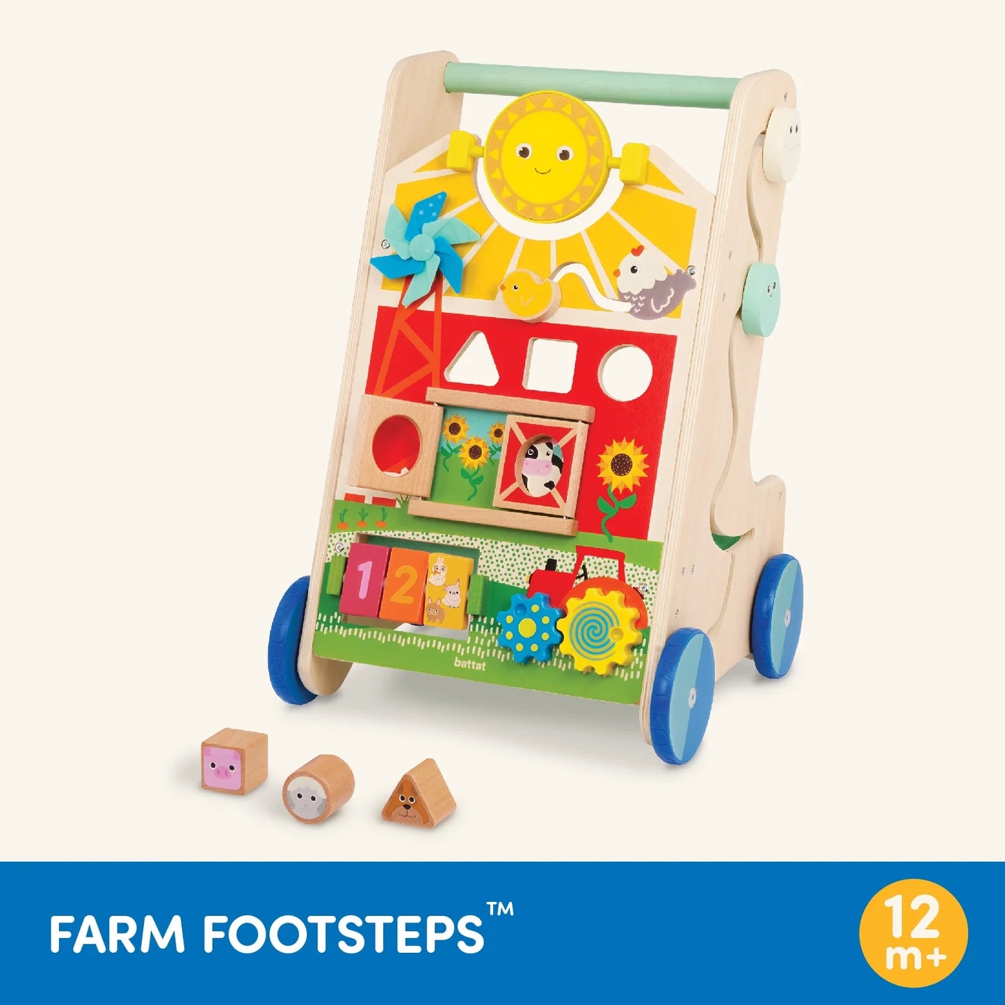 Farm Footsteps Wooden Activity Walker 19.61 in with 3 Shapes, Baby and Toddler Toys