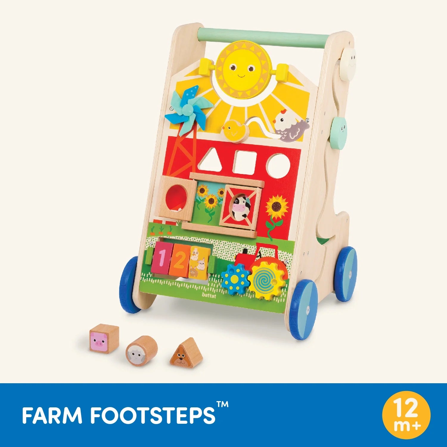 Farm Footsteps Wooden Activity Walker 19.61 in with 3 Shapes, Baby and Toddler Toys
