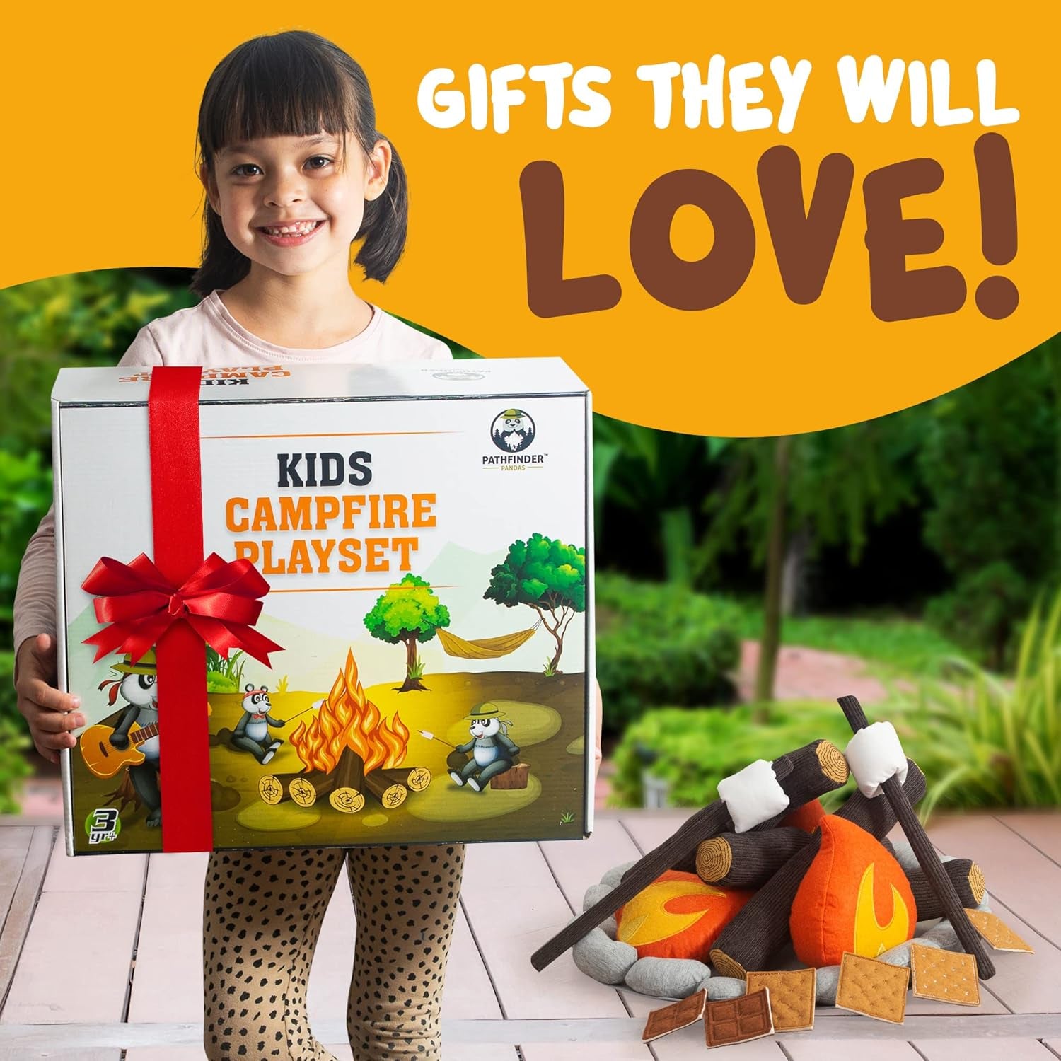 Pretend Campfire Set for Kids with S'Mores Kit & Wood Log Pillow