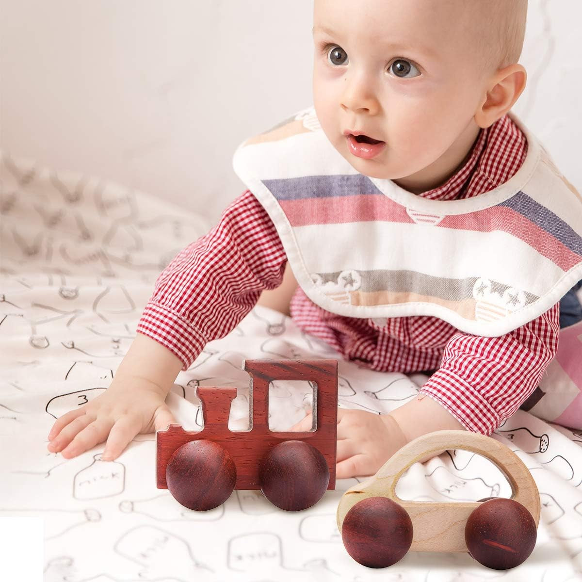 2Pc Wooden Rattle Organic Wooden Cars Push Car Toys Montessori Educational Natural Wood Toys Inspired Baby Newborn Perfect Shower Gift