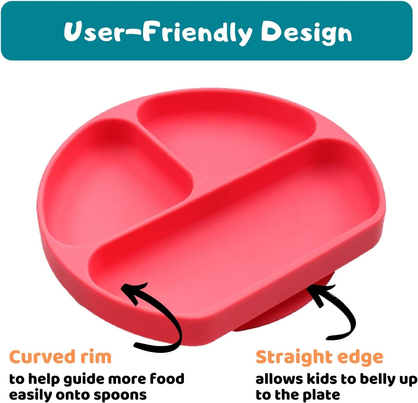Suction Plate for Toddlers | BPA Free, 100% Food-Grade Silicone | Microwave, Dishwasher and Oven Safe | Stay Put Divided Baby Feeding Plates (1, Red)