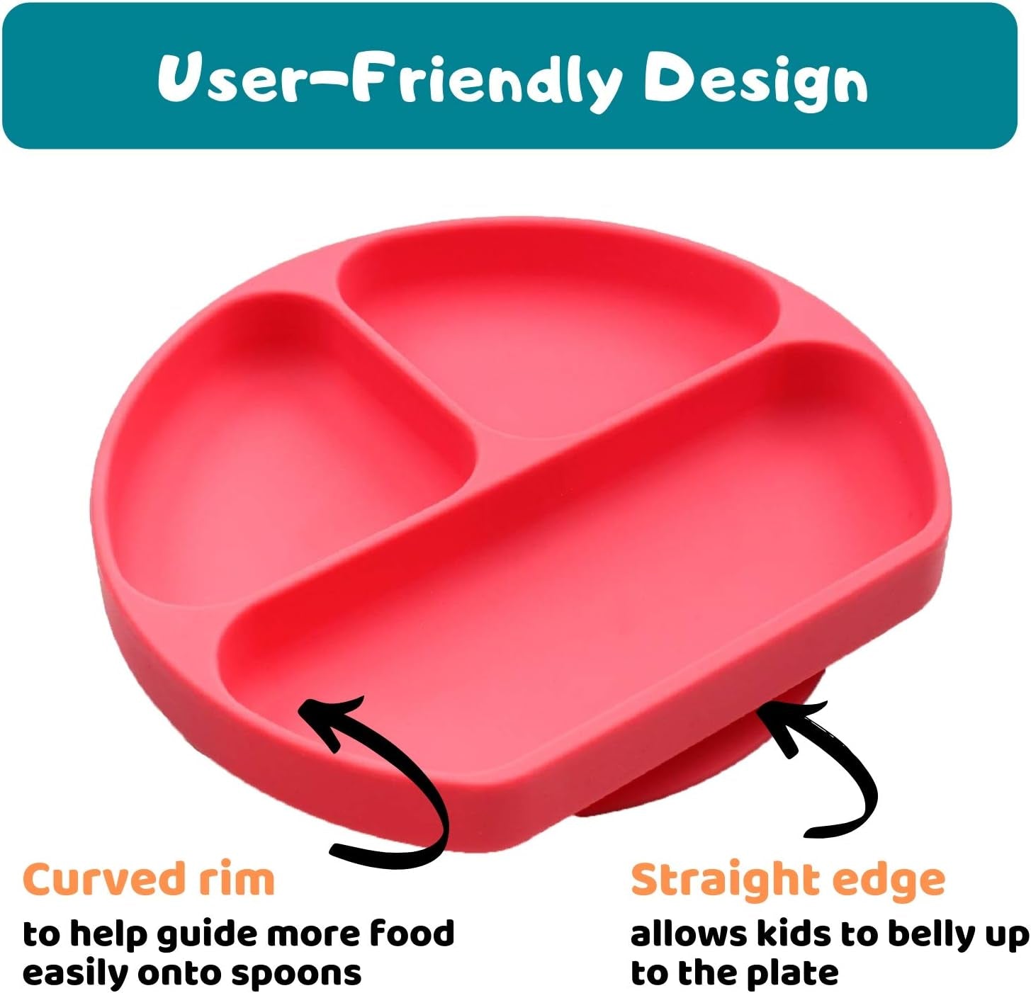 Suction Plate for Toddlers | BPA Free, 100% Food-Grade Silicone | Microwave, Dishwasher and Oven Safe | Stay Put Divided Baby Feeding Plates (1, Red)