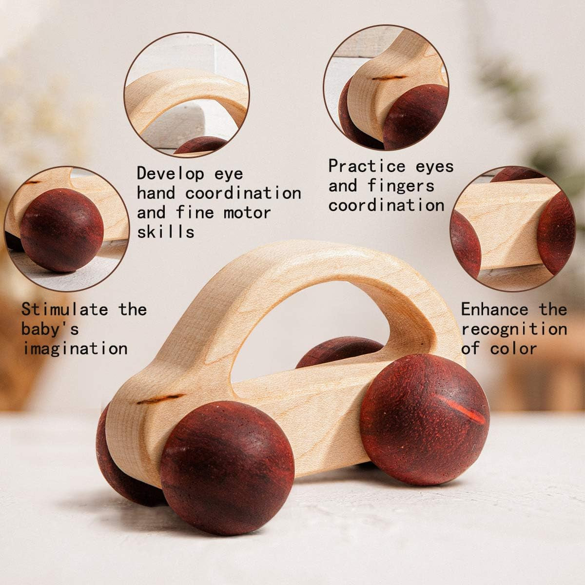 2Pc Wooden Rattle Organic Wooden Cars Push Car Toys Montessori Educational Natural Wood Toys Inspired Baby Newborn Perfect Shower Gift