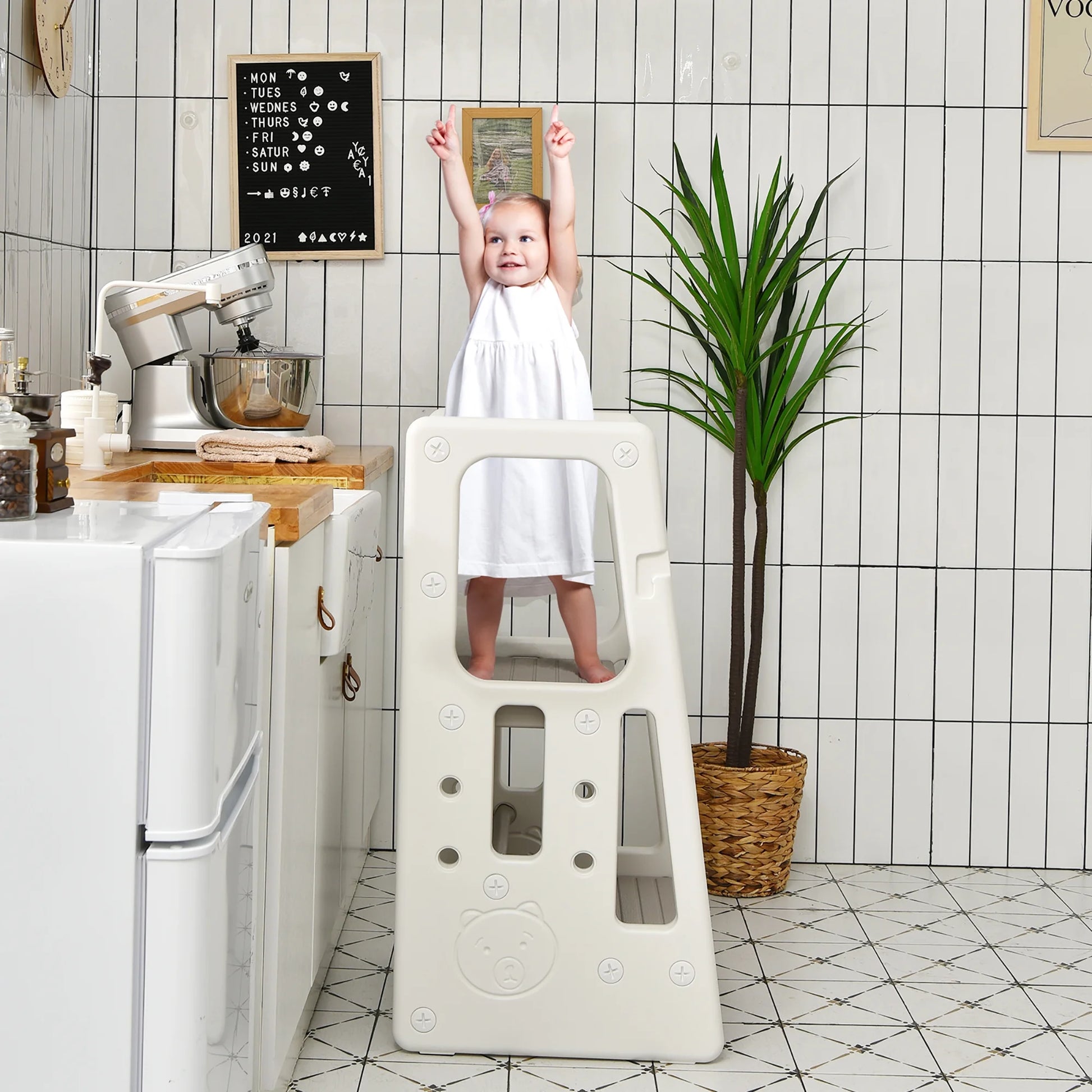 Kids Kitchen Step Stool with Double Safety Rails Toddler Learning Stool Gray