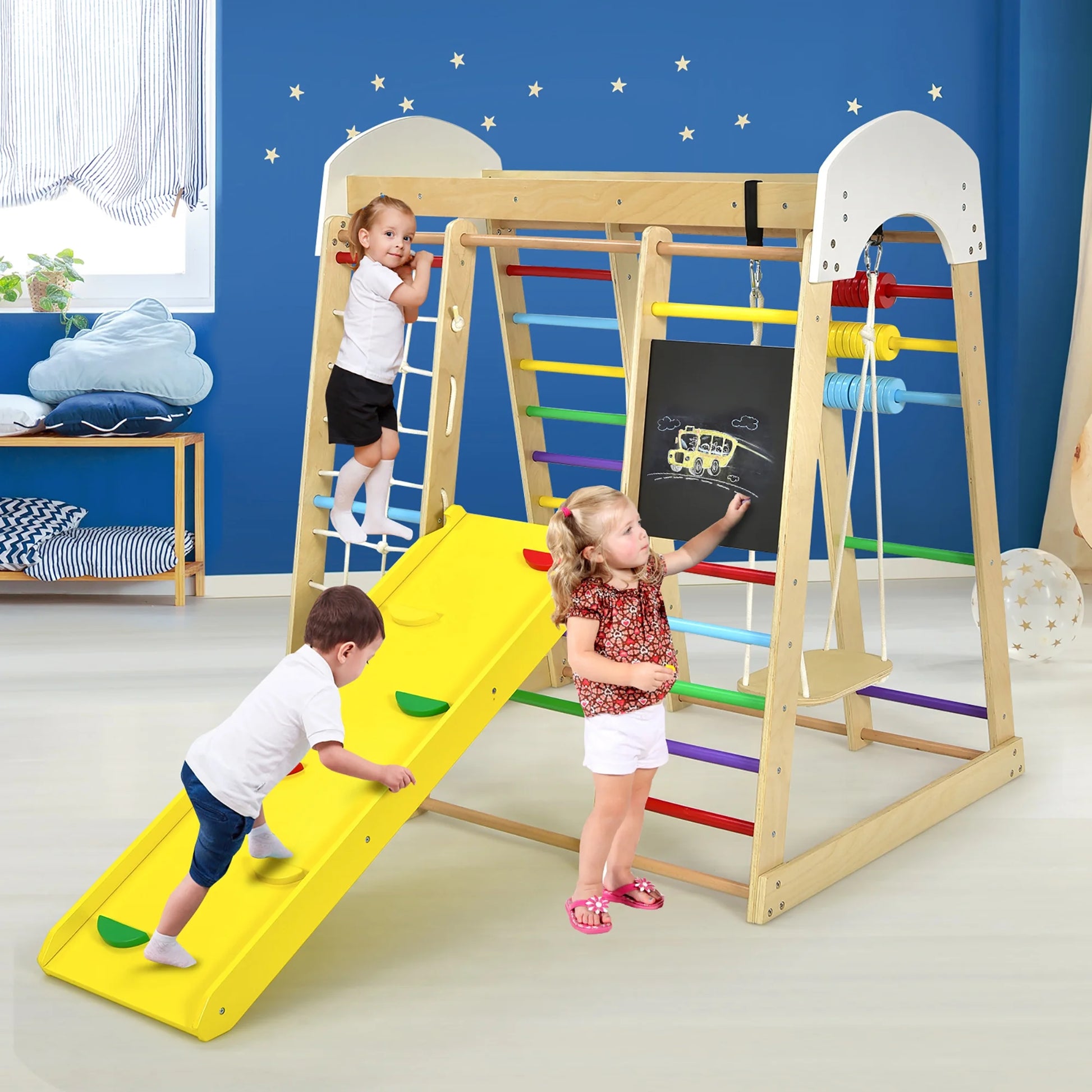 Indoor Playground Climbing Gym Kids Wooden 8 in 1 Climber Playset for Children Multicolor
