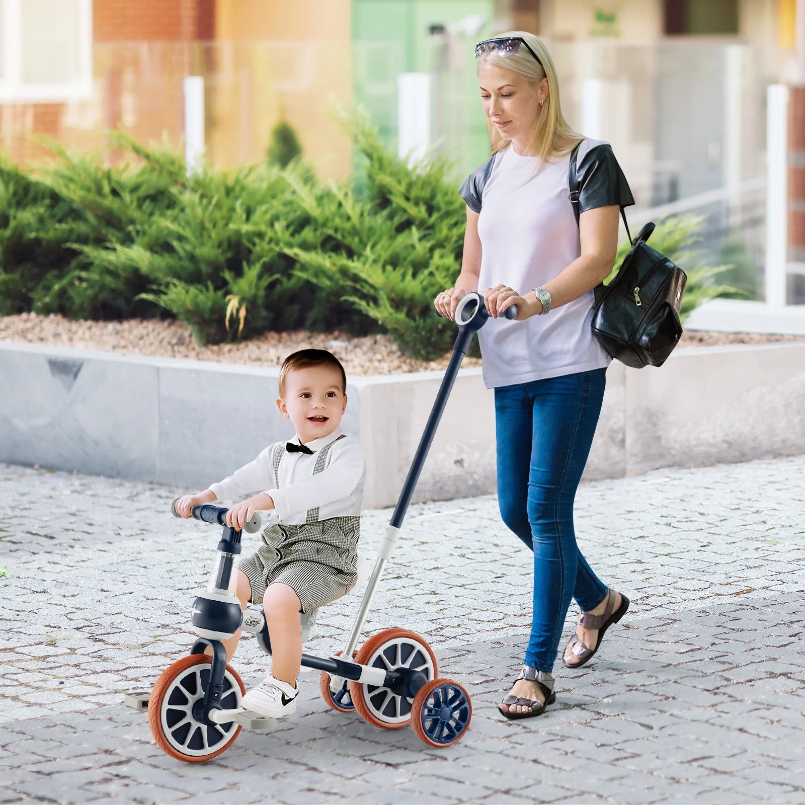 4 in 1 Kids Tricycles W/ Push Handle & Training Wheels Baby Balance Bike Navy