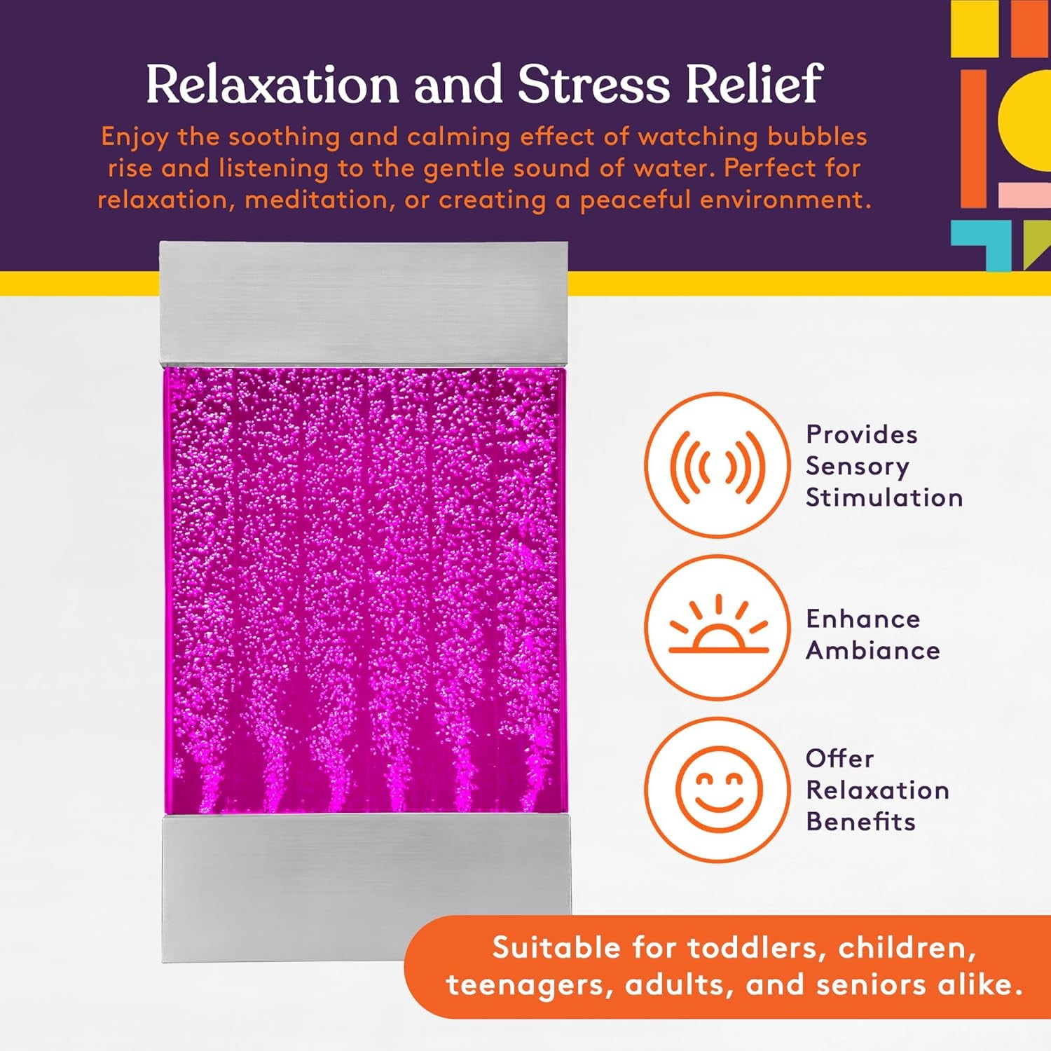 LED Bubble Wall with Colorful Fountain Tubes for Sensory Relief, with Remote