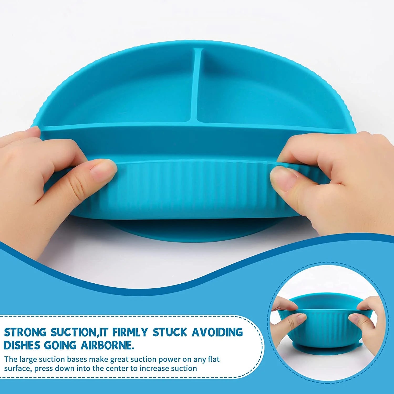 Soft Silicone Baby Feeding Set, Baby Led Weaning Set Infant Self Eating Utensil Set 7Pcs Gray Blue
