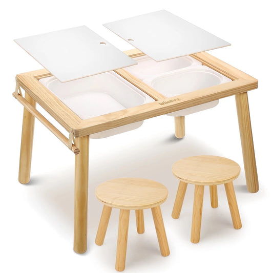 Kids Sensory Table & Chairs, Wood Toddler Activity Table with Storage