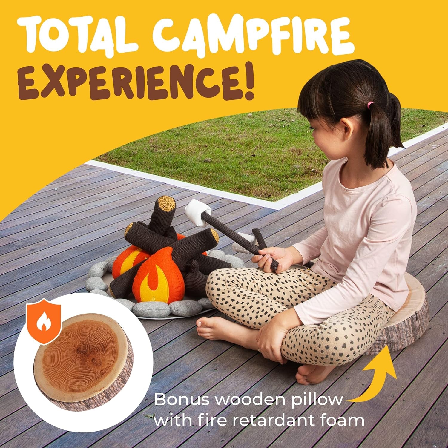 Pretend Campfire Set for Kids with S'Mores Kit & Wood Log Pillow