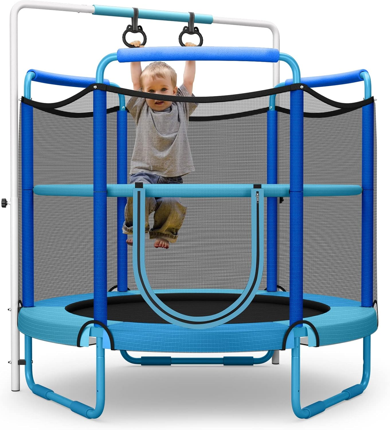 60 Inch Kids Trampoline with Safety Enclosure Net, Swinging Rings and Adjustable Horizontal Bar