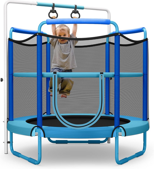 60 Inch Kids Trampoline with Safety Enclosure Net, Swinging Rings and Adjustable Horizontal Bar