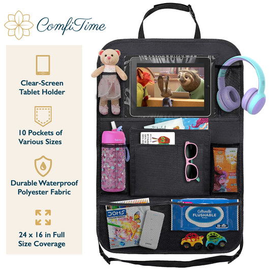 Car Seat Organizer,Waterproof Car Backseat Organizer W/ 10” Tablet Holder Cup Holder for Kids,10 Pockets Backseat Organizer Protector Kick Mats,Car Accessories for Men / Women
