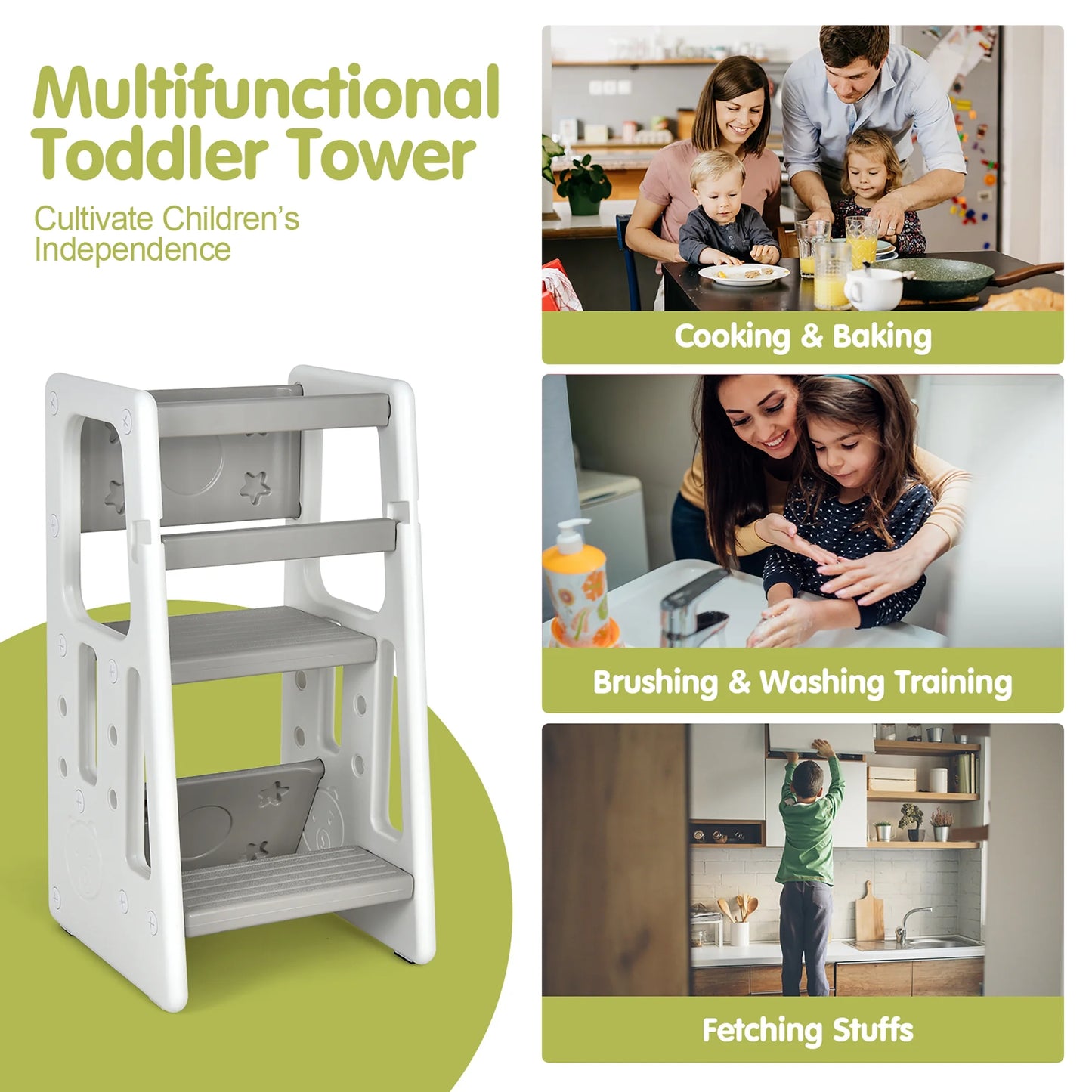 Kids Kitchen Step Stool with Double Safety Rails Toddler Learning Stool Gray