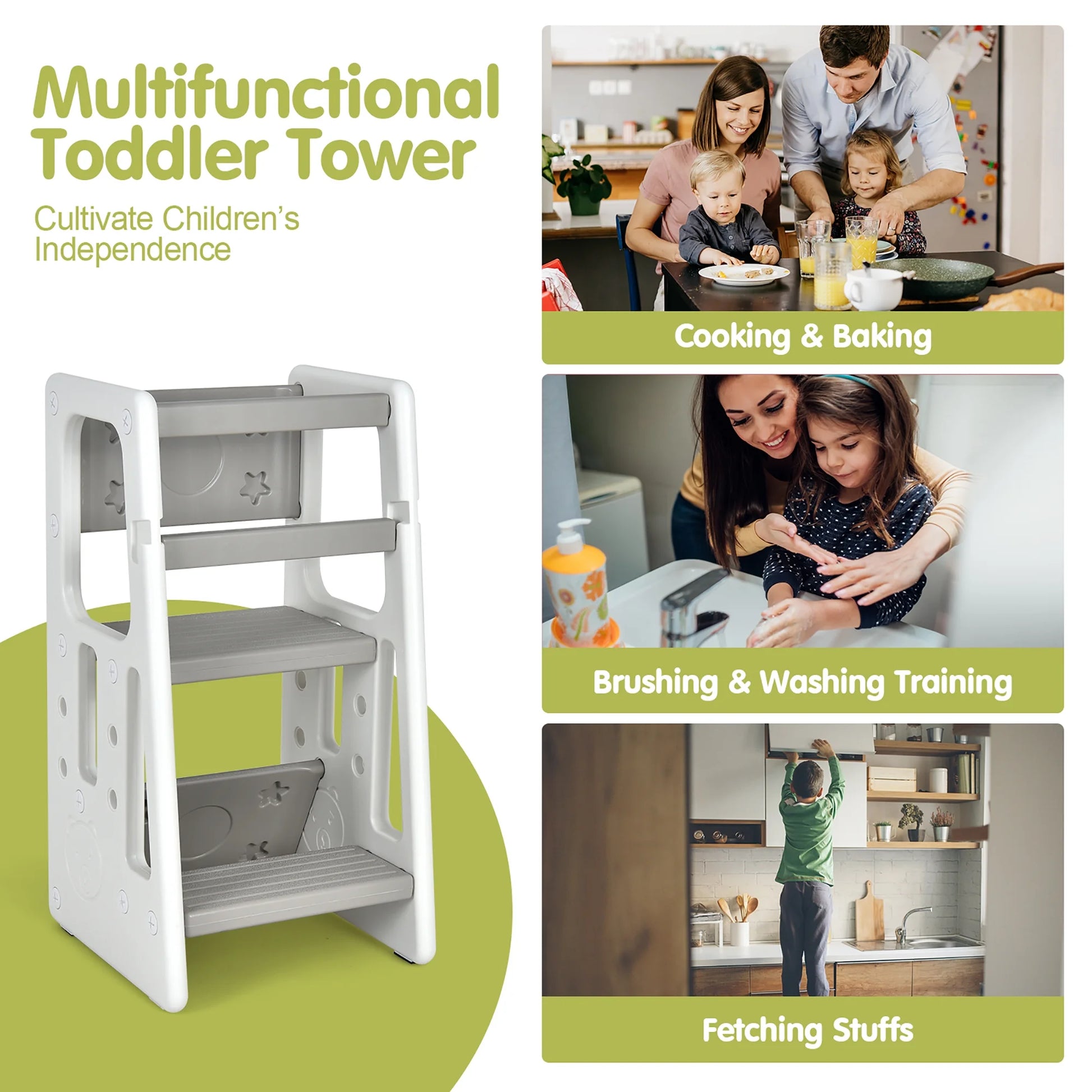Kids Kitchen Step Stool with Double Safety Rails Toddler Learning Stool Gray