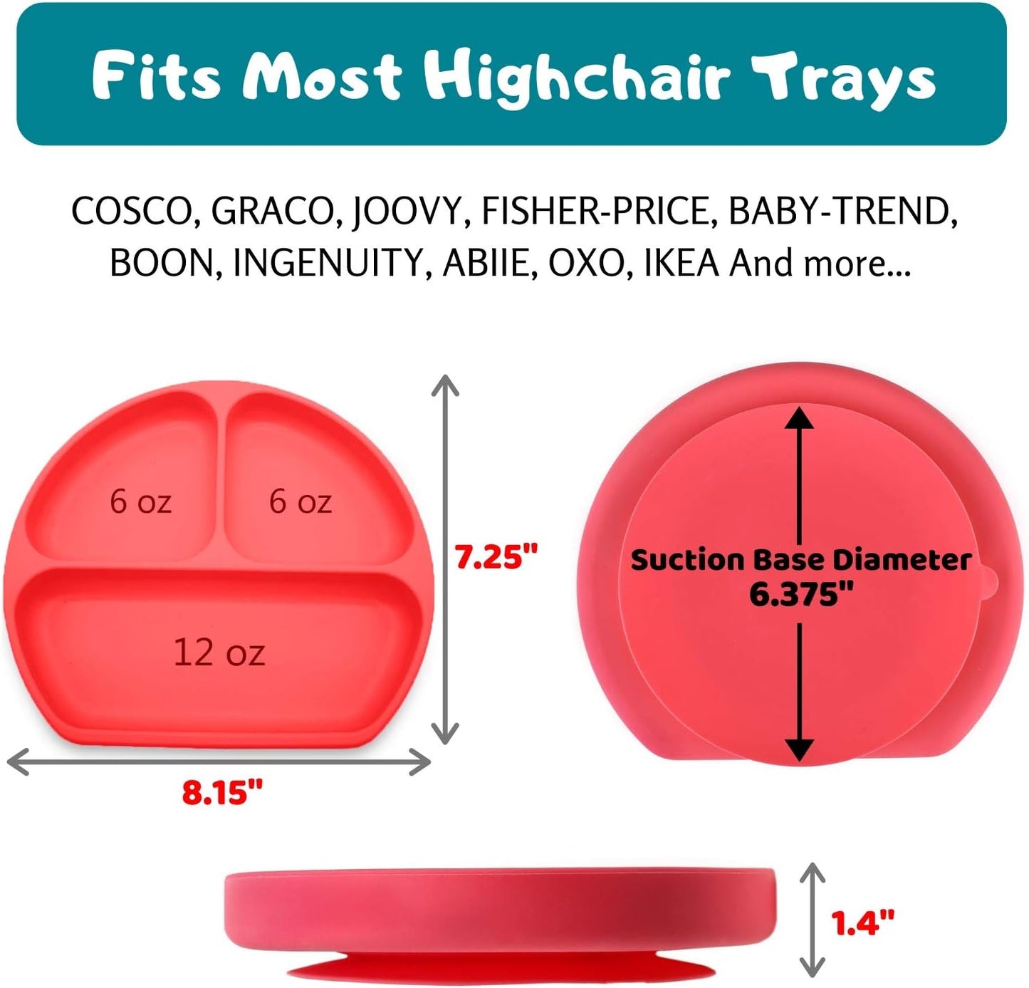 Suction Plate for Toddlers | BPA Free, 100% Food-Grade Silicone | Microwave, Dishwasher and Oven Safe | Stay Put Divided Baby Feeding Plates (1, Red)