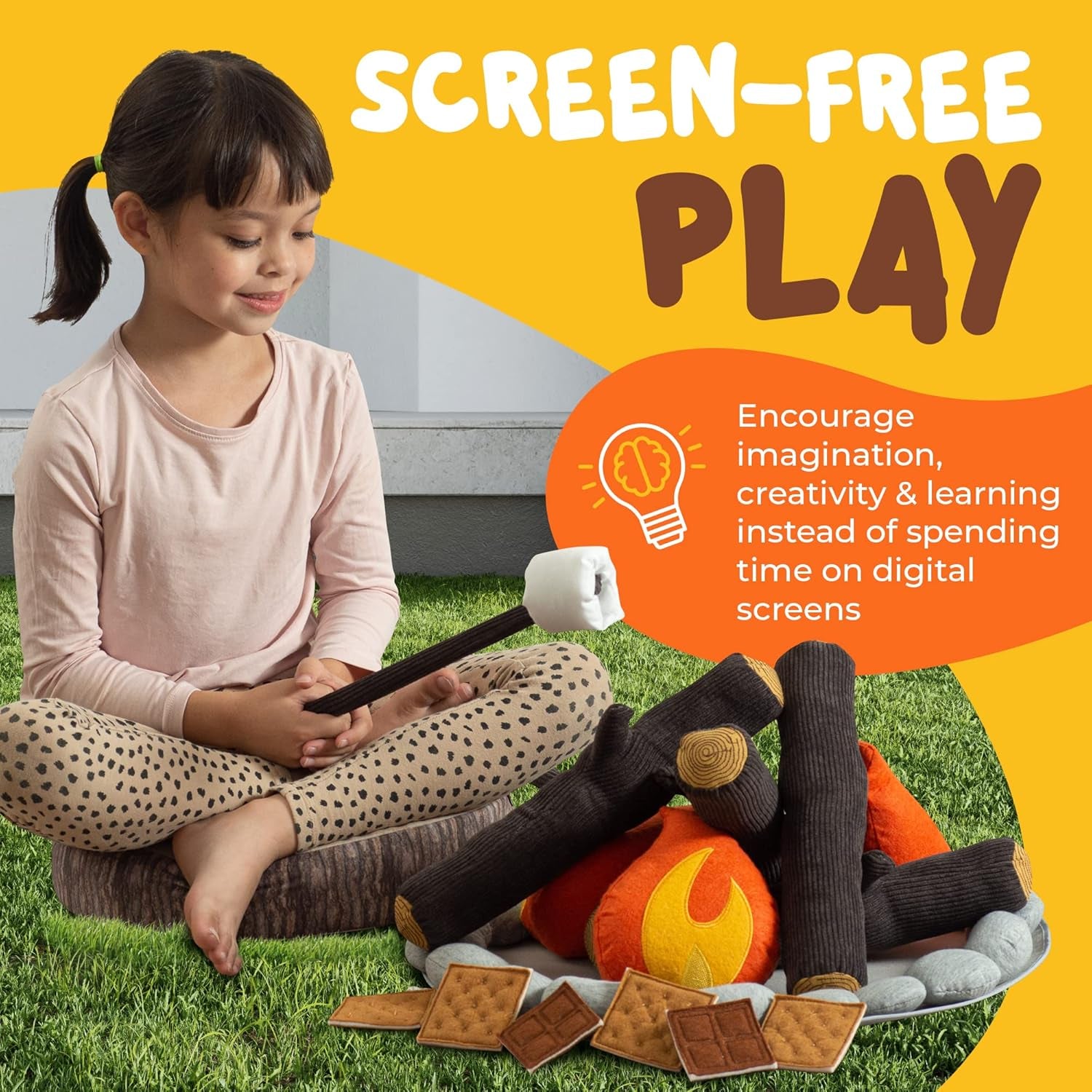 Pretend Campfire Set for Kids with S'Mores Kit & Wood Log Pillow