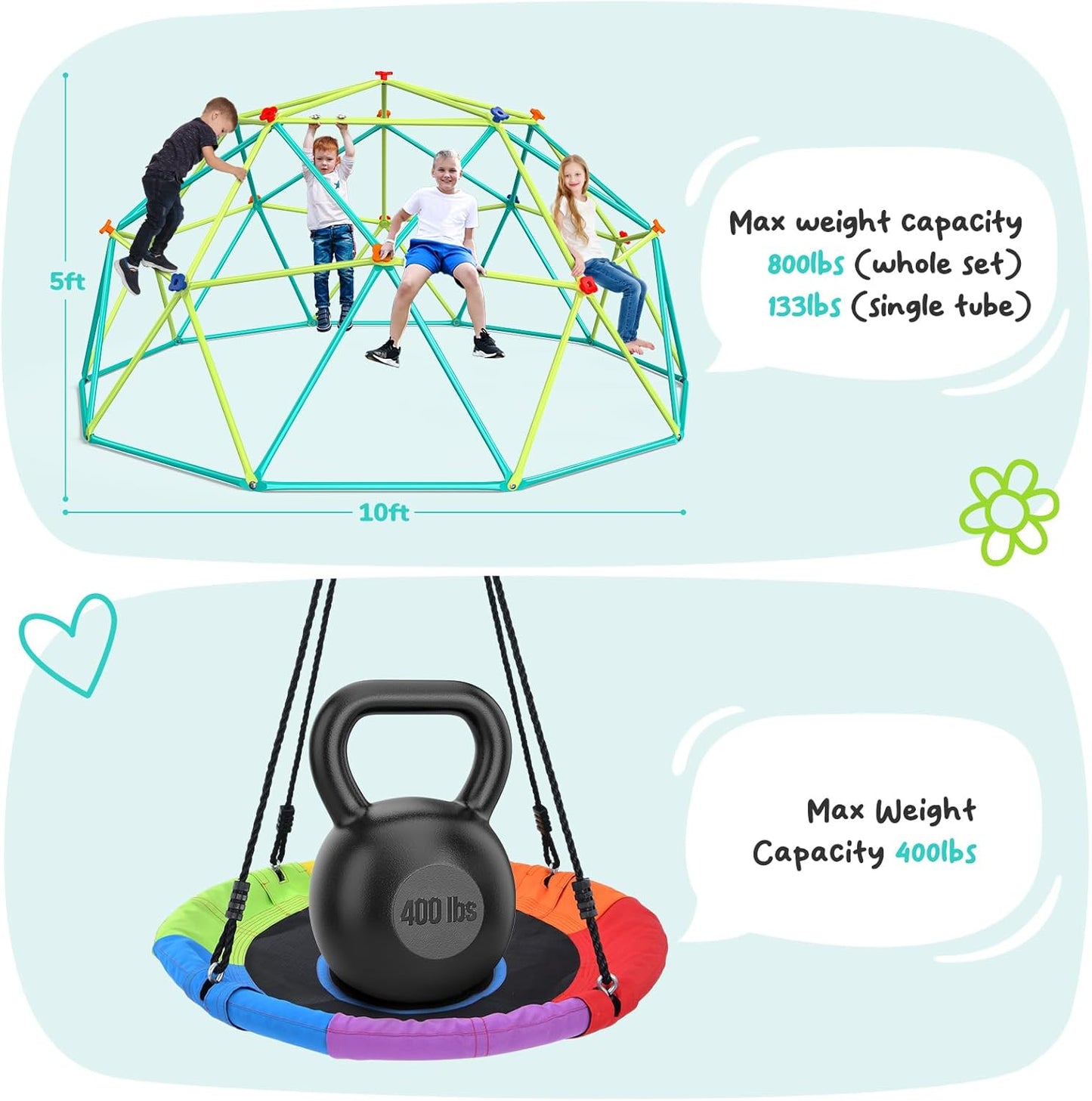 10 Ft Climbing Dome Swing Set with Saucer Swing, Supports 800Lbs, Easy Asssembly, Rust-Resistant Outdoor Playset