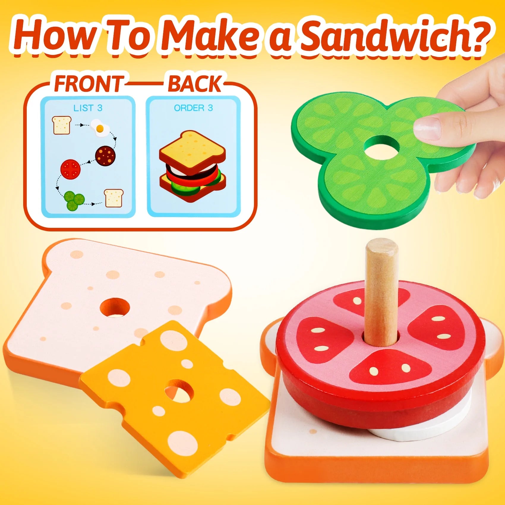 Montessori Wooden Stacking Toys Fine Motor Skills Wooden Play Food Sandwich Toys with Order Cards Preschool Educational Toys to Develop Fine Motor Skills for 3 4 5 Year Old (Sandwich)