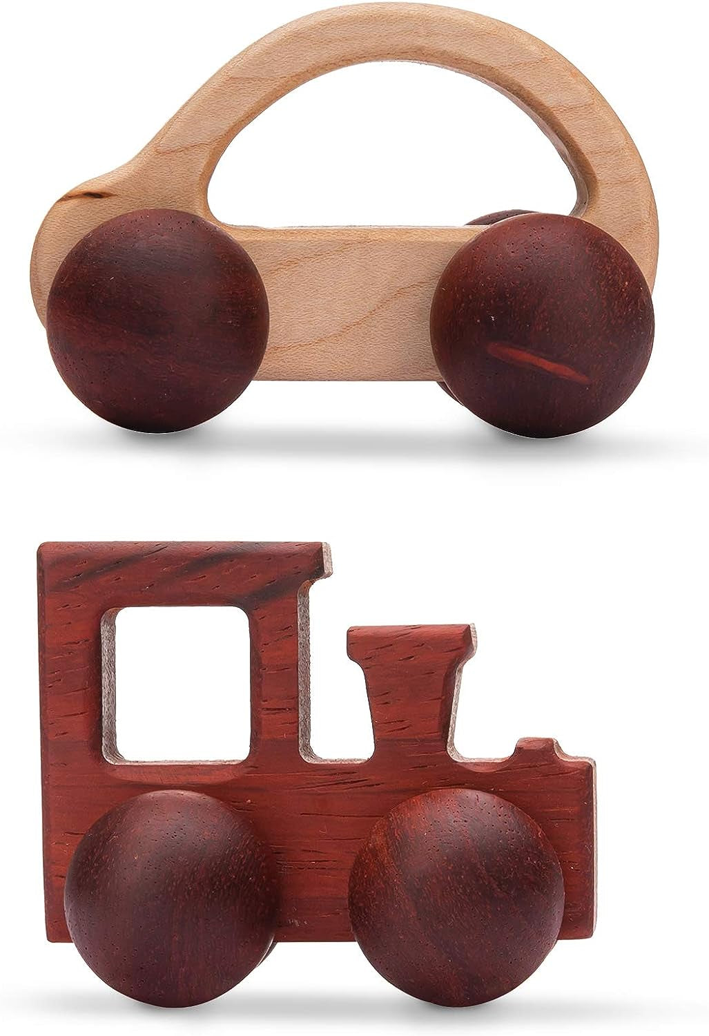 2Pc Wooden Rattle Organic Wooden Cars Push Car Toys Montessori Educational Natural Wood Toys Inspired Baby Newborn Perfect Shower Gift