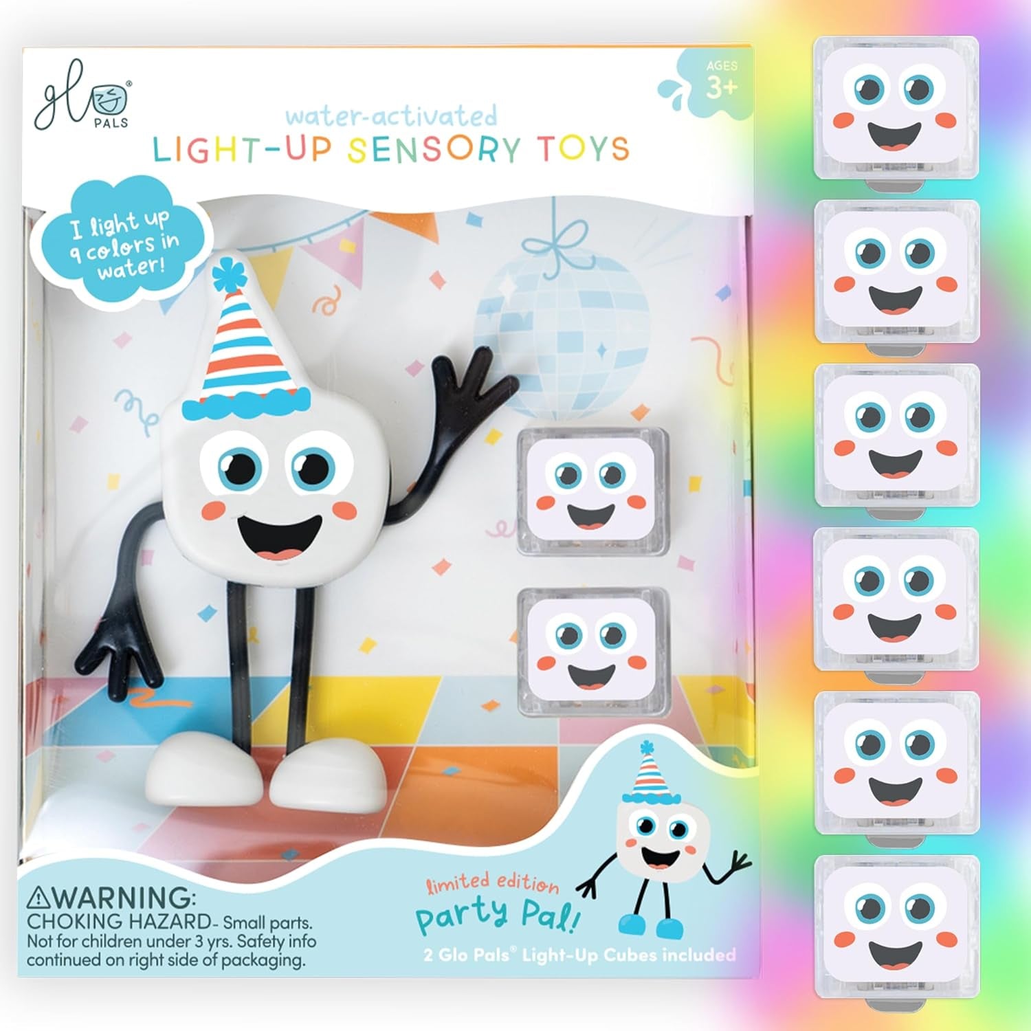 New, Water - Activated Bath Toy with 6 Reusable Light-Up Cubes for Sensory Play (Glo Pals)