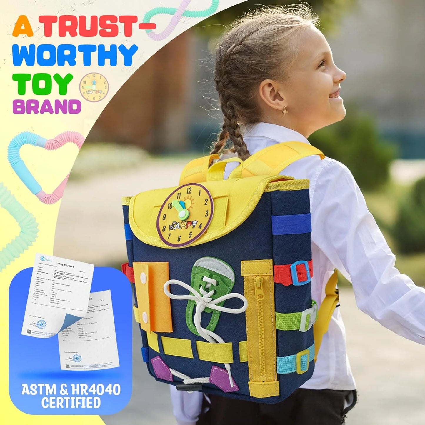 Toddler Backpack  Busy Board with Buckles and Zippers