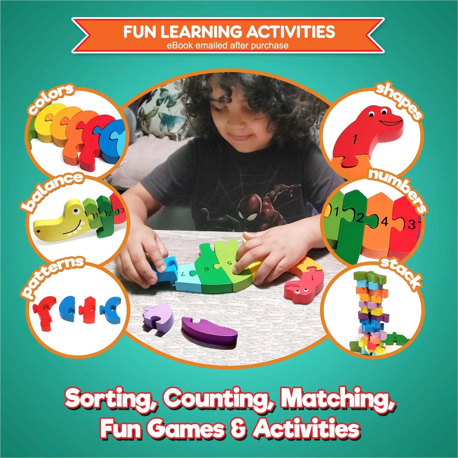 3 Wooden Animal Puzzles - Colors and Counting Rainbow Toy