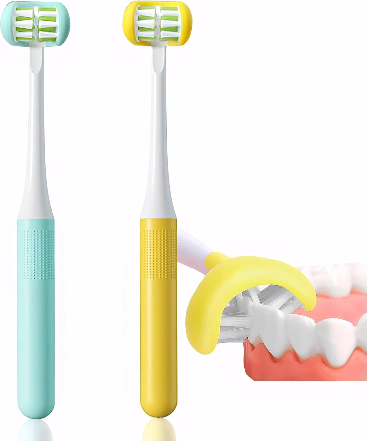 2 Pieces 3 Sided Toddler Toothbrush, Three Bristles for Kids Toothbrush, Autism Soft Bristles,Soft and Gentle for Complete Tooth and Gum Care(C1（Blue+Yellow） Kids)