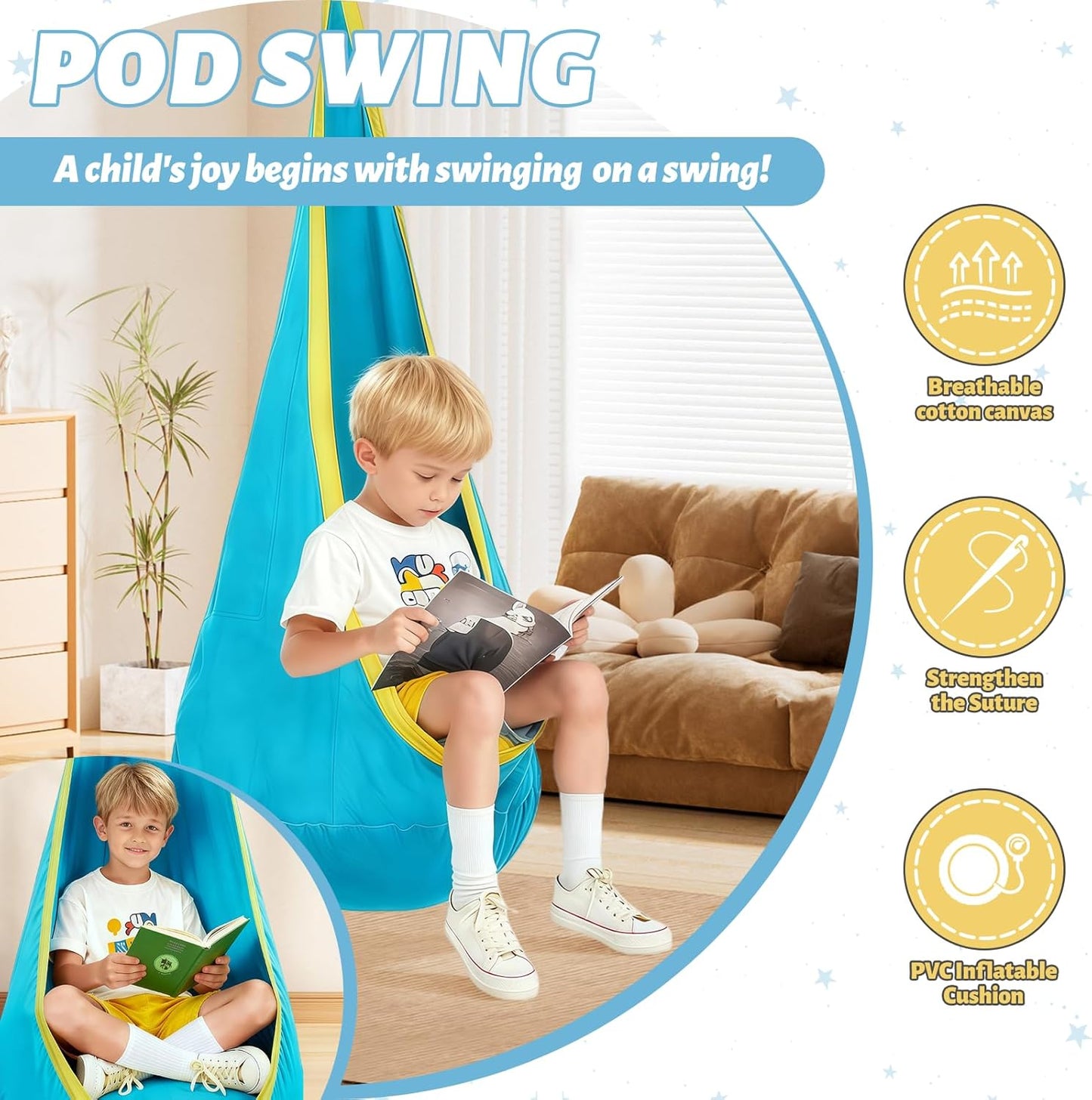 Swing Stand Frame with Sensory Swing Pod Chair, X-Shaped Swing Set