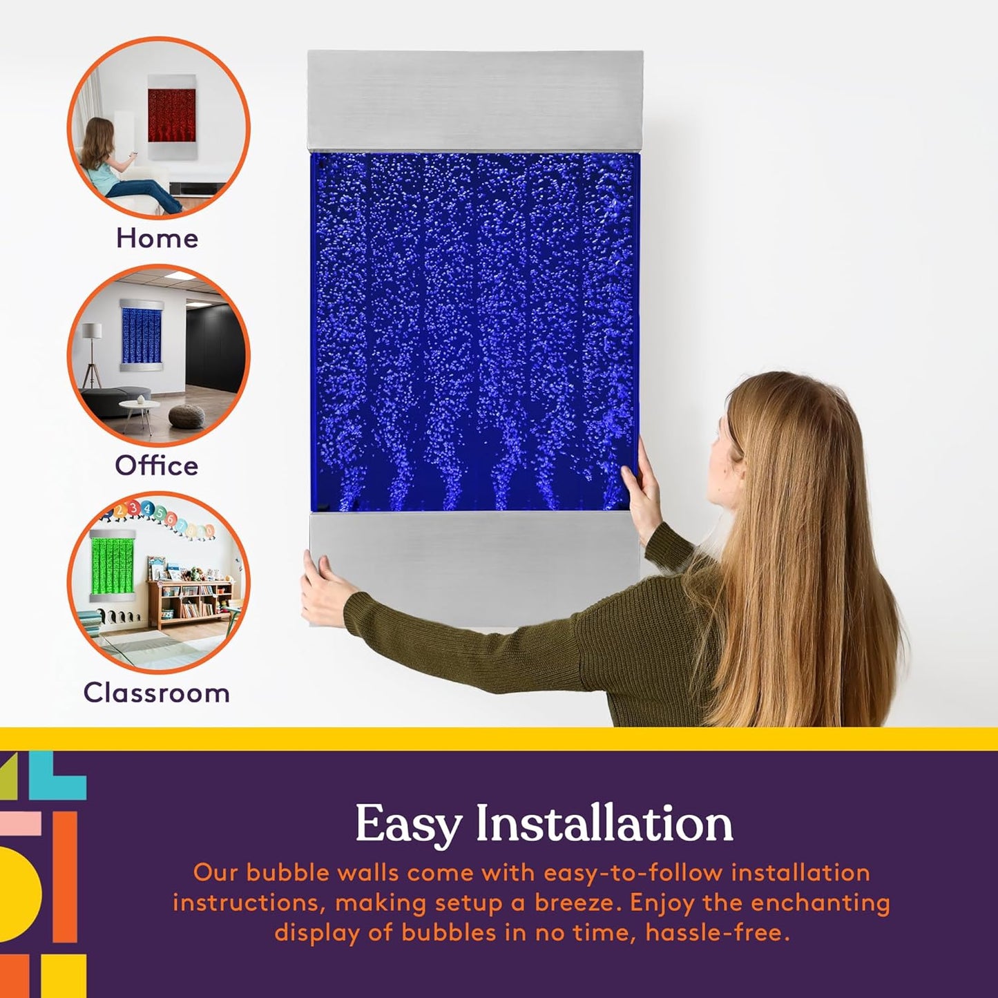 LED Bubble Wall with Colorful Fountain Tubes for Sensory Relief, with Remote