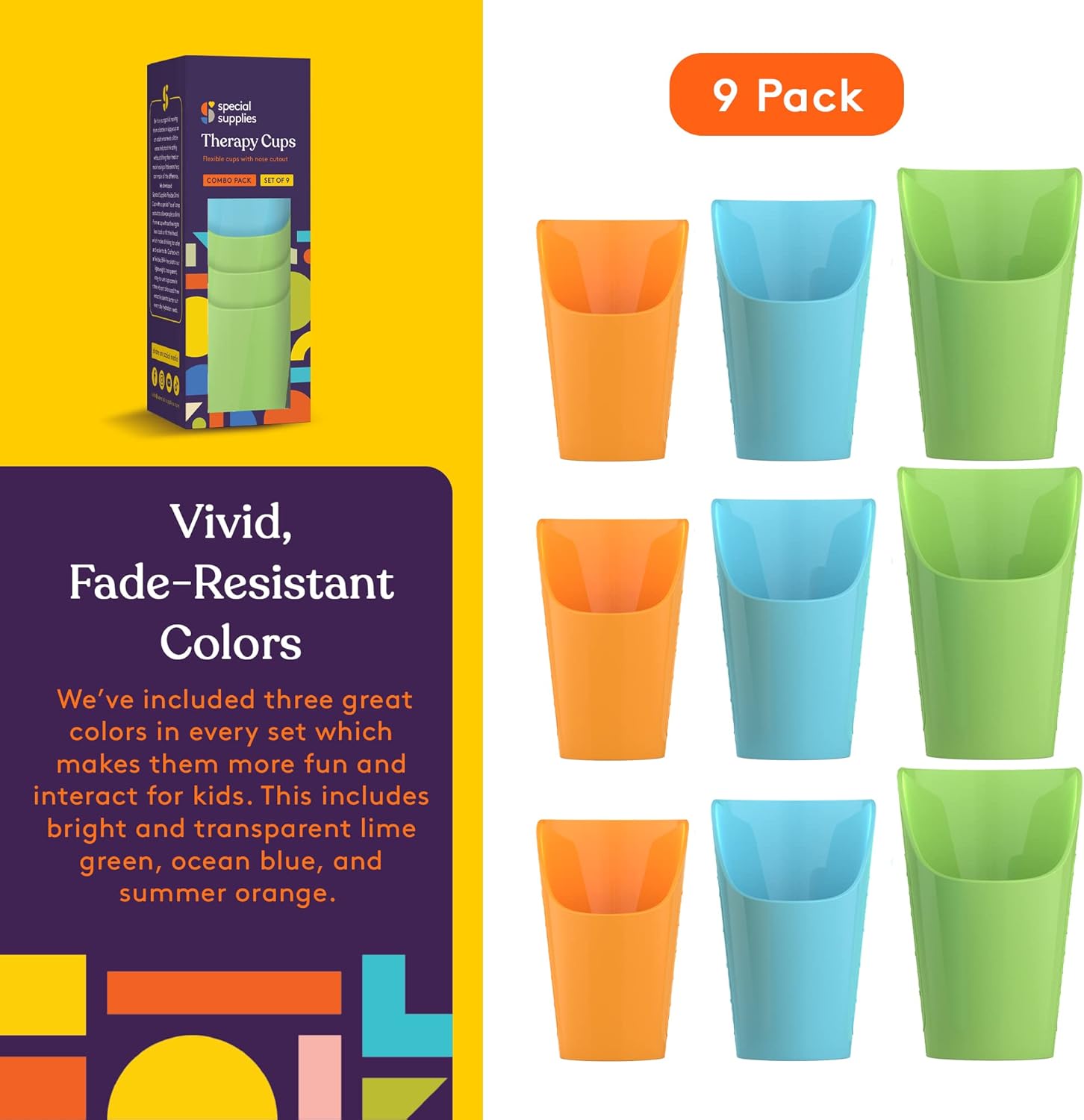9 Flexible Drinking Cups with Nose Mold Cutout, 9 Pc. Set for Physical Therapy, Bpa-Free Drink Tumblers, Kids and Adults