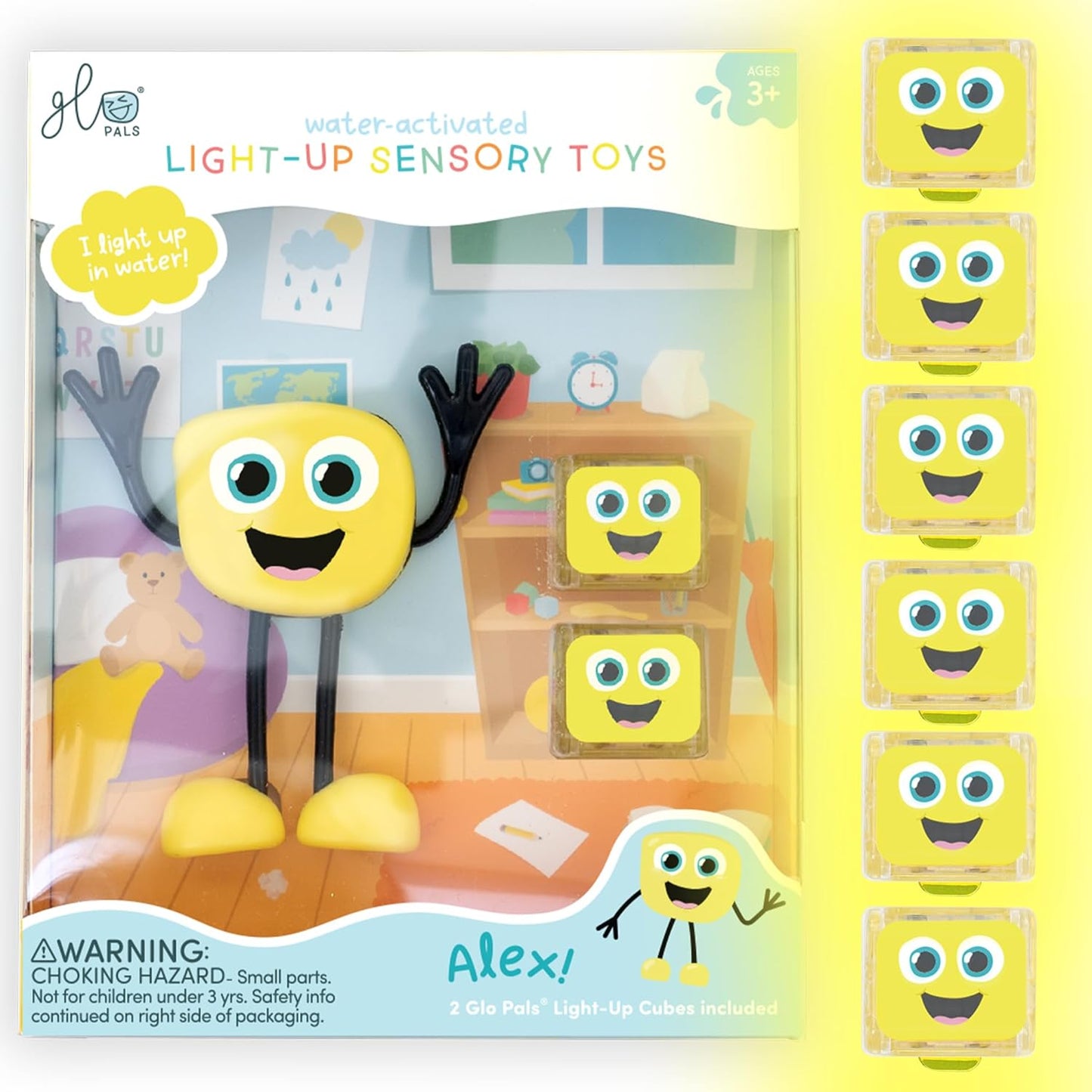 New, Water - Activated Bath Toy with 6 Reusable Light-Up Cubes for Sensory Play (Glo Pals)
