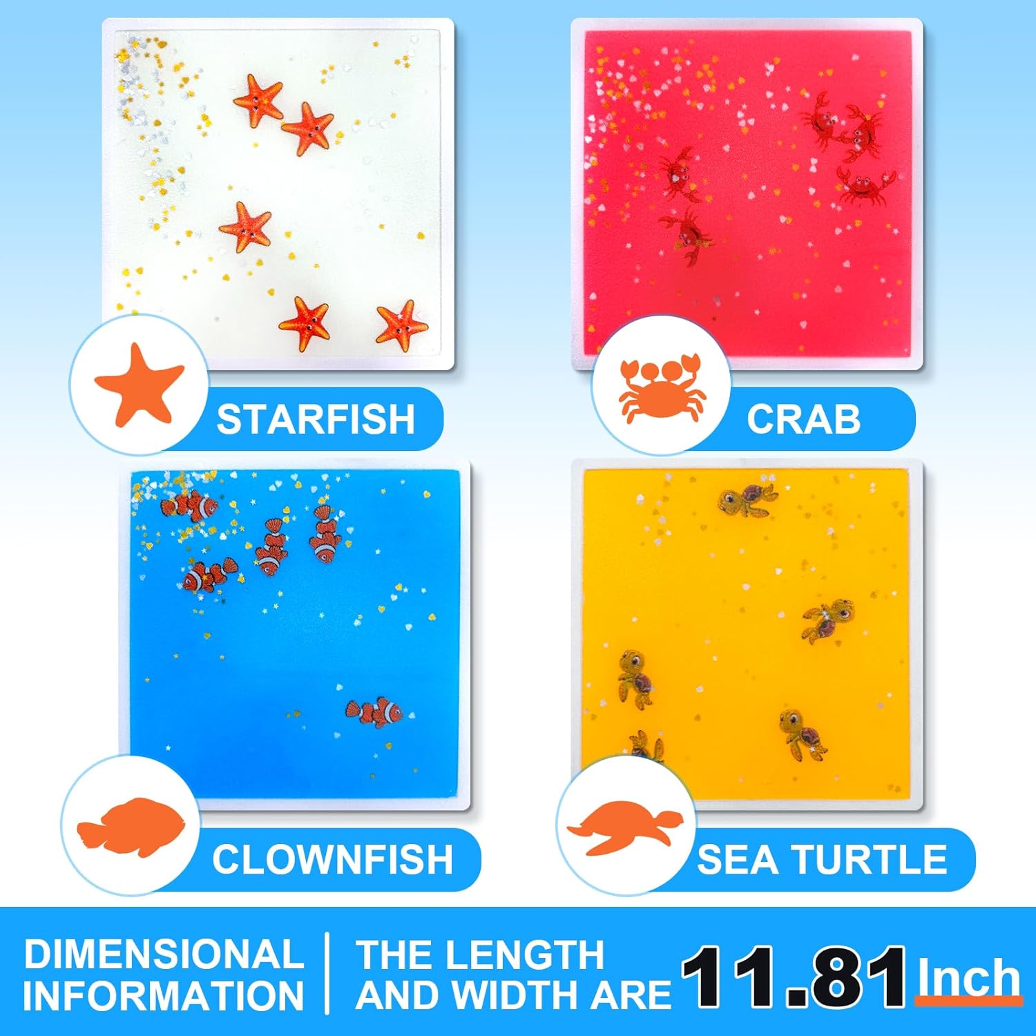 Kids Sensory Liquid Tiles: 11.8" X 11.8", Set of 4 Square Liquid Fusion Activity Playmats with Different Glow-In-The-Dark Colors for Baby, Toddler and Kids Gym, Nursery, Playroom.