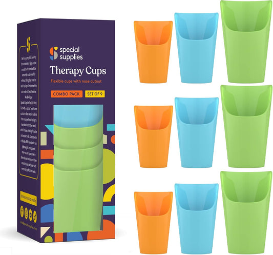 9 Flexible Drinking Cups with Nose Mold Cutout, 9 Pc. Set for Physical Therapy, Bpa-Free Drink Tumblers, Kids and Adults