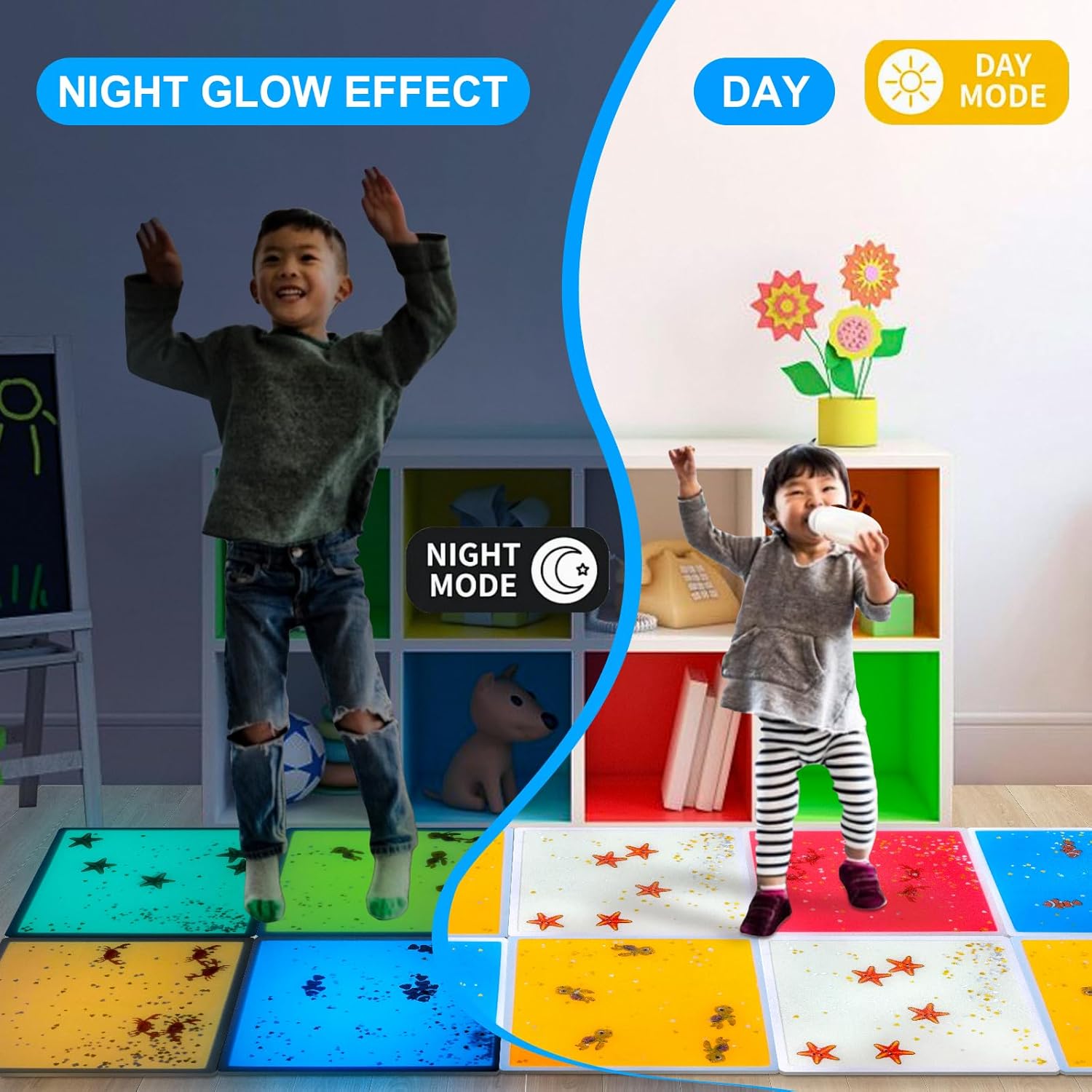 Kids Sensory Liquid Tiles: 11.8" X 11.8", Set of 4 Square Liquid Fusion Activity Playmats with Different Glow-In-The-Dark Colors for Baby, Toddler and Kids Gym, Nursery, Playroom.