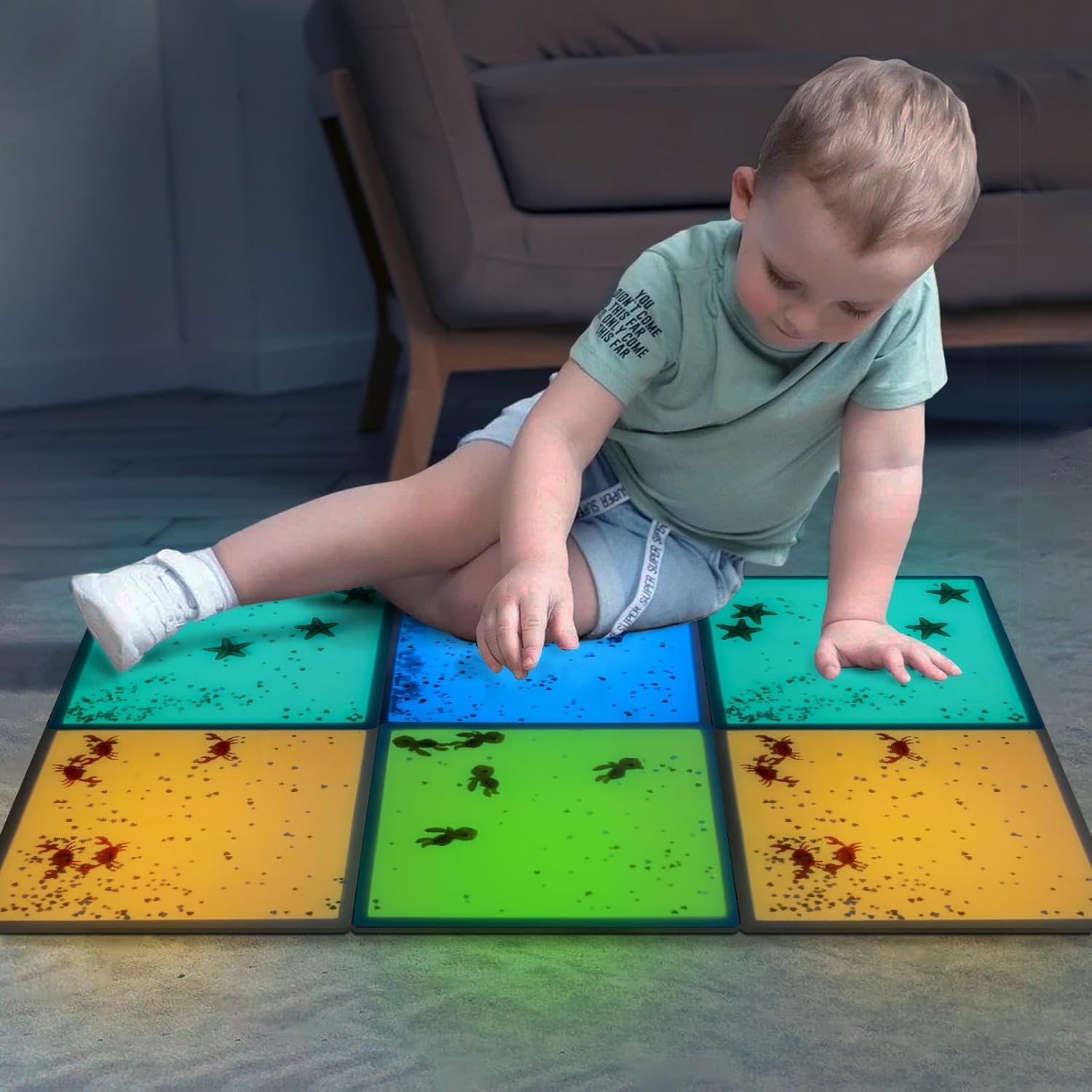 Kids Sensory Liquid Tiles: 11.8" X 11.8", Set of 4 Square Liquid Fusion Activity Playmats with Different Glow-In-The-Dark Colors for Baby, Toddler and Kids Gym, Nursery, Playroom.