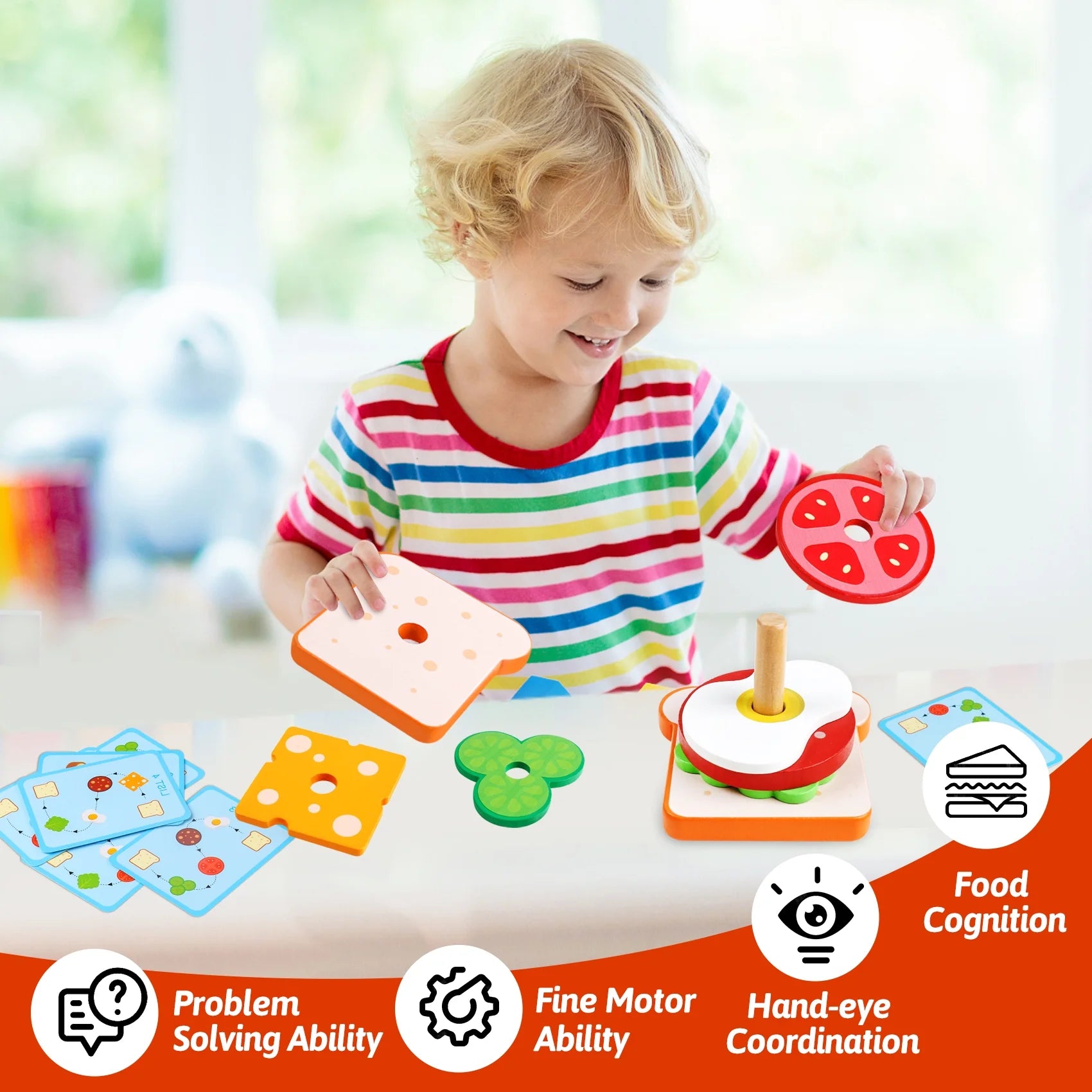 Montessori Wooden Stacking Toys Fine Motor Skills Wooden Play Food Sandwich Toys with Order Cards Preschool Educational Toys to Develop Fine Motor Skills for 3 4 5 Year Old (Sandwich)