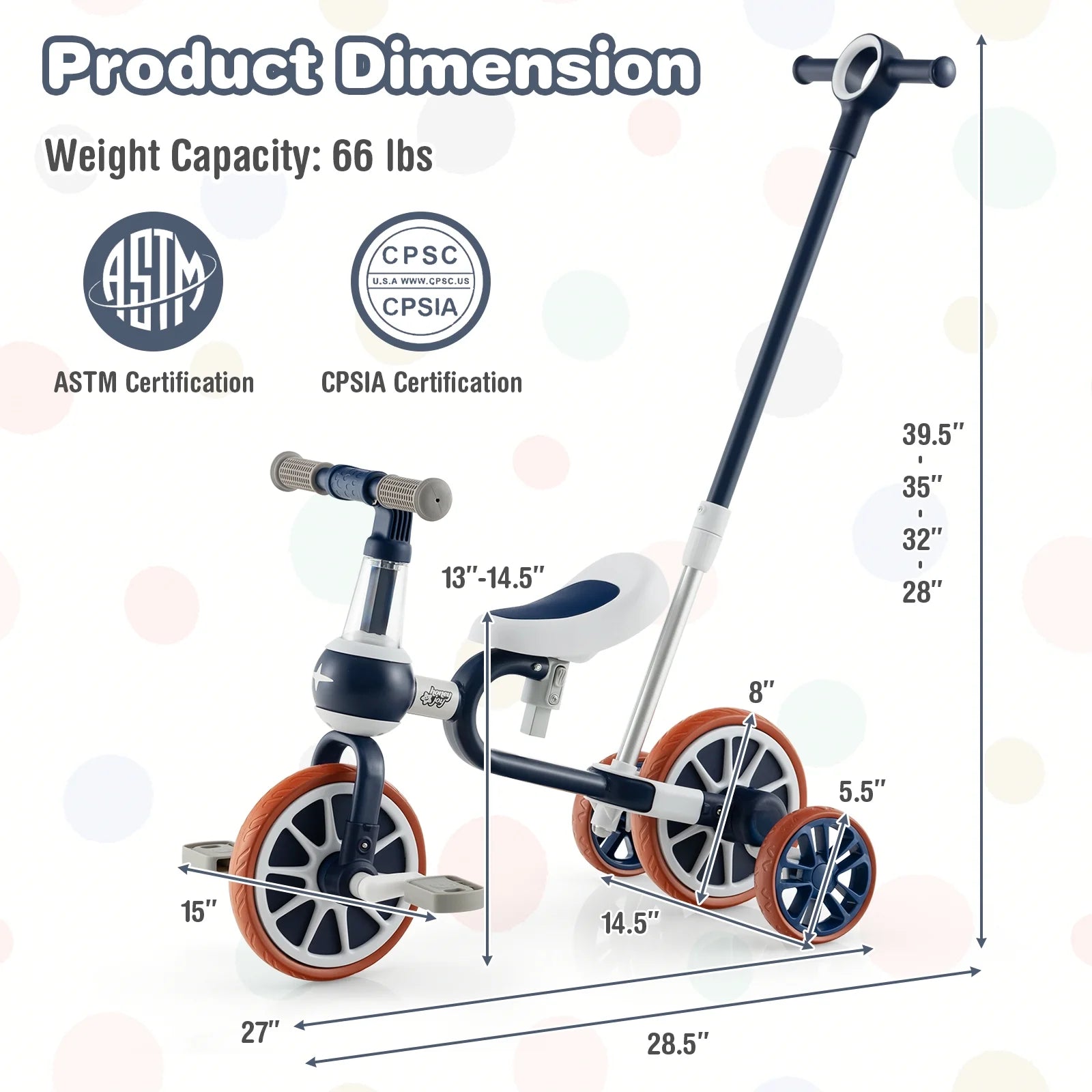4 in 1 Kids Tricycles W/ Push Handle & Training Wheels Baby Balance Bike Navy