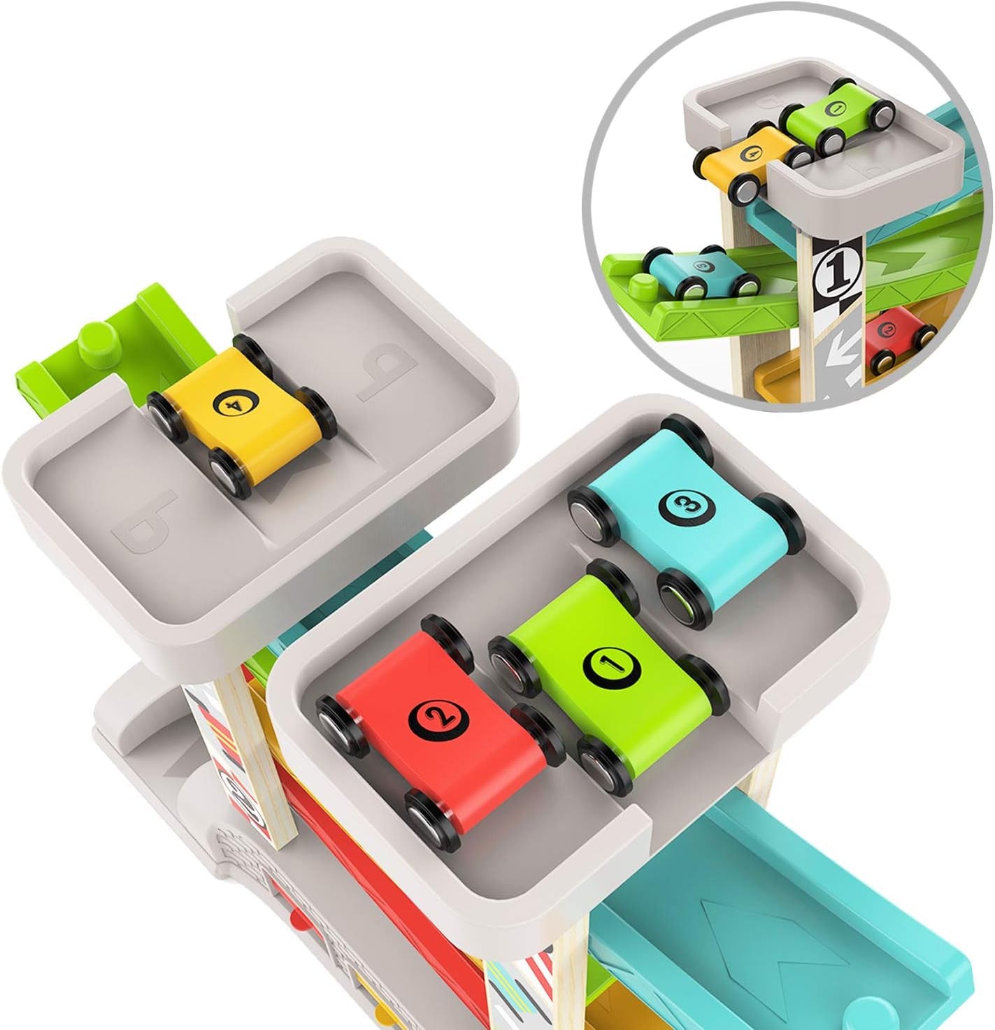 Toddler Race Track Car Ramp Toy with 4 Wooden Cars and 3 Car Garage