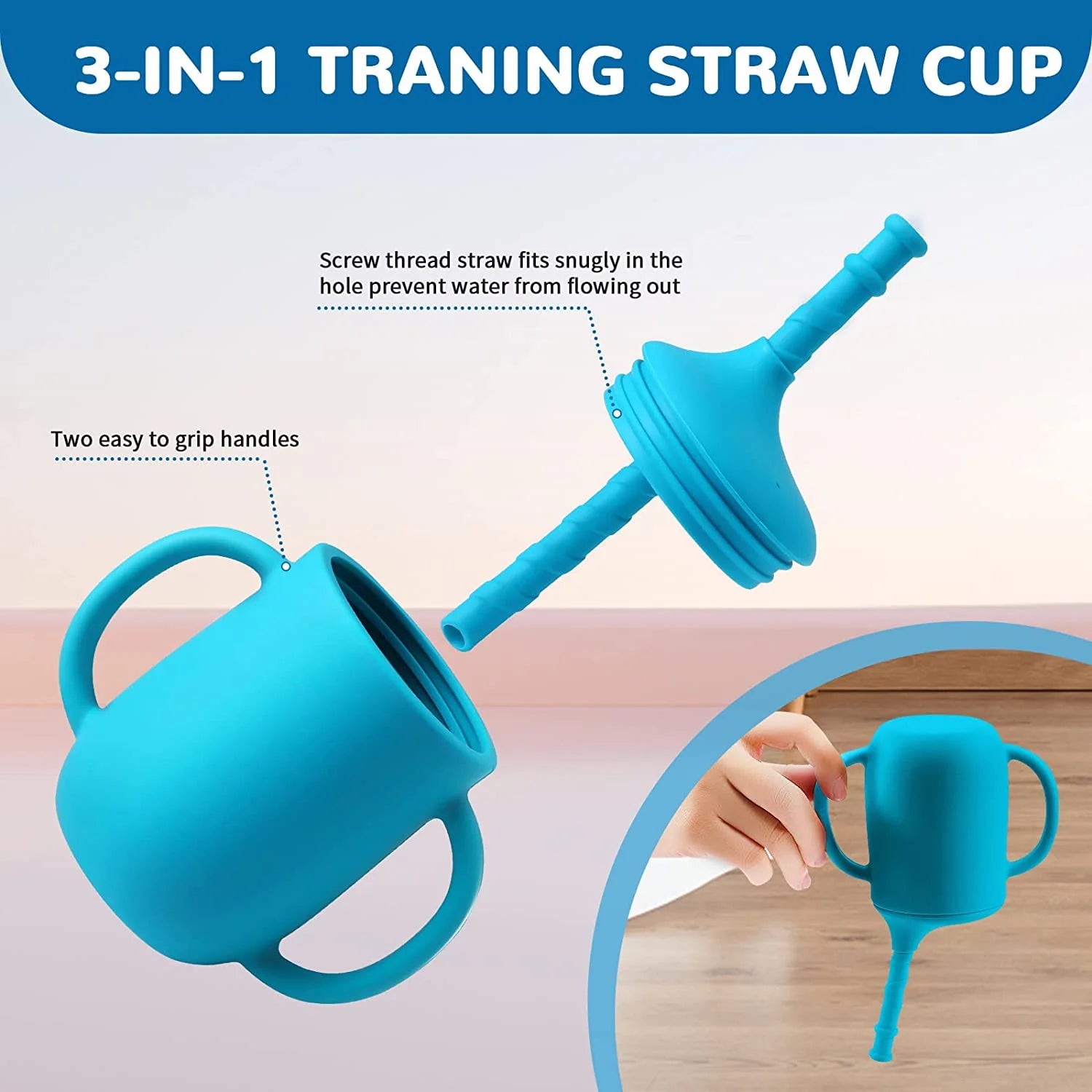 Soft Silicone Baby Feeding Set, Baby Led Weaning Set Infant Self Eating Utensil Set 7Pcs Gray Blue