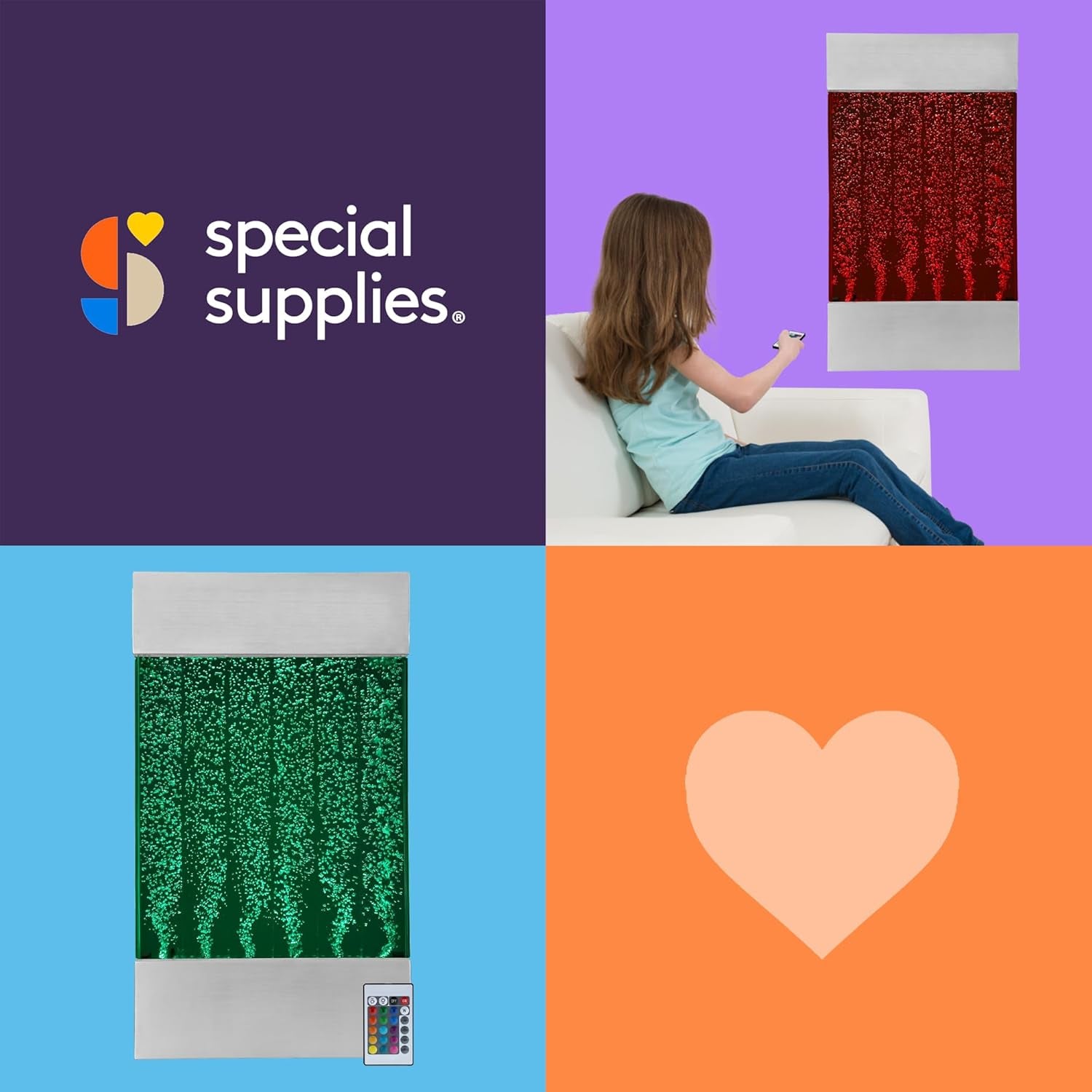 LED Bubble Wall with Colorful Fountain Tubes for Sensory Relief, with Remote