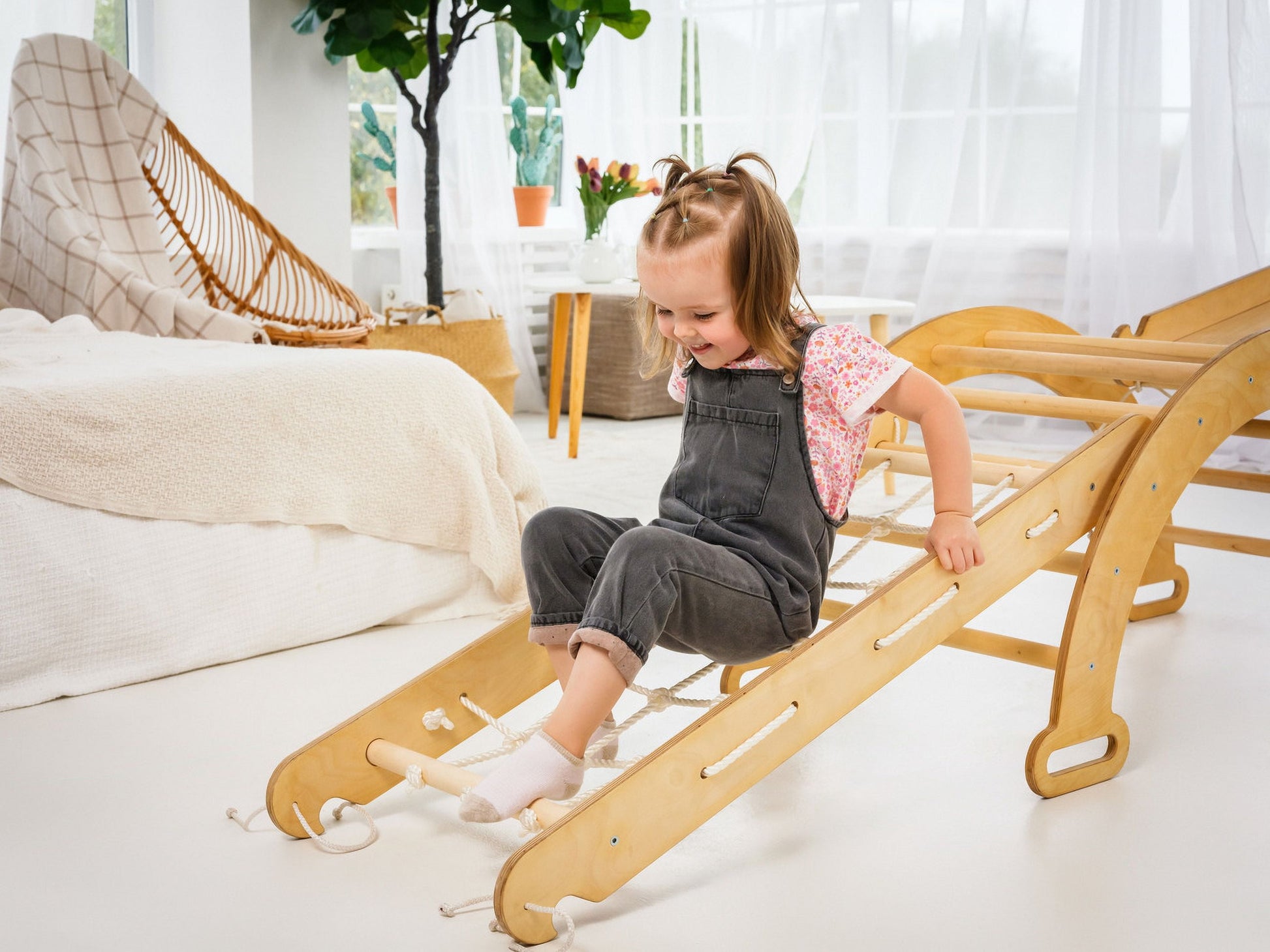 Trapeze Wood Swing Set, Wood Beige, 40.90” X 21.06” X 6.29”