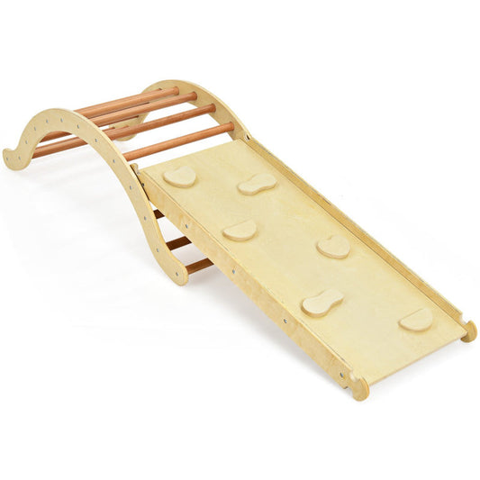 3-In-1 Kids Wooden Arch Triangle Rocker Climber Set with Ramp and Mat
